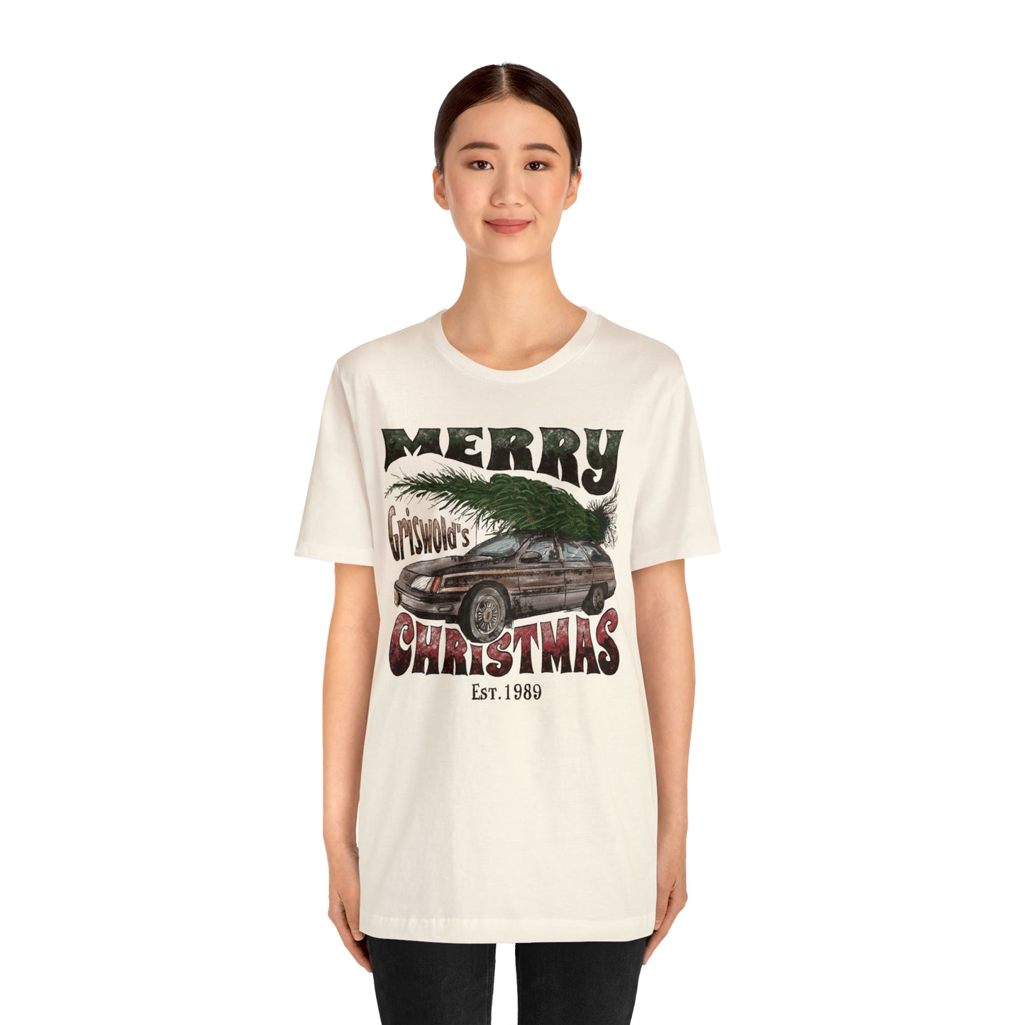 Distressed Griswold's Christmas Tree Station Wagon Holiday Bella Jersey Short Sleeve Tee (Unisex)
