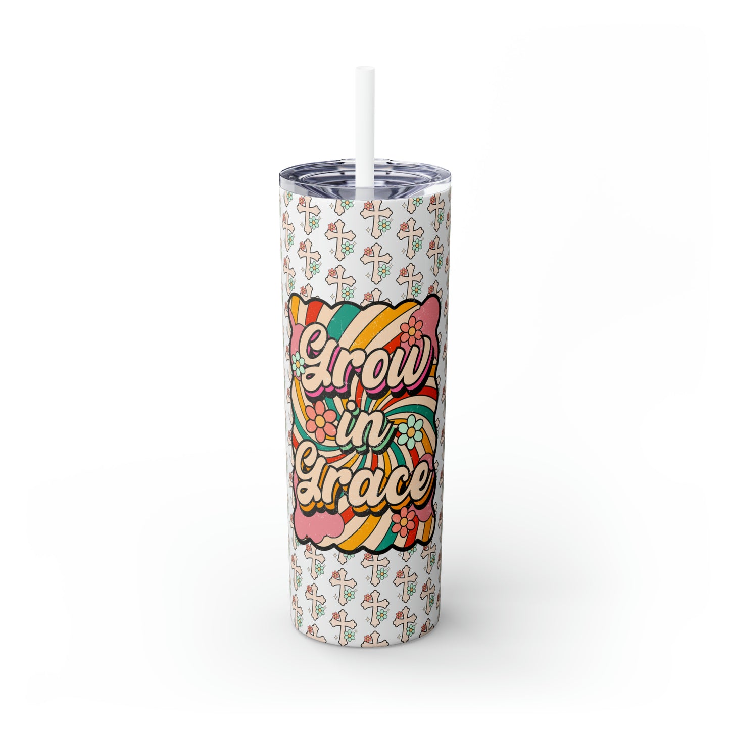 Grow in Grace with Daisy Crosses Christian Skinny Tumbler with Straw, 20oz