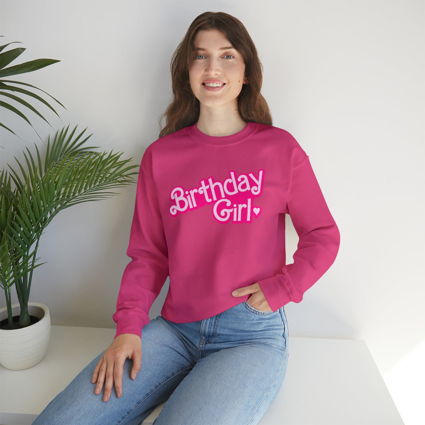 Birthday Girl with Hot Pink Barbie Font Heavy Blend™ Crewneck Sweatshirt