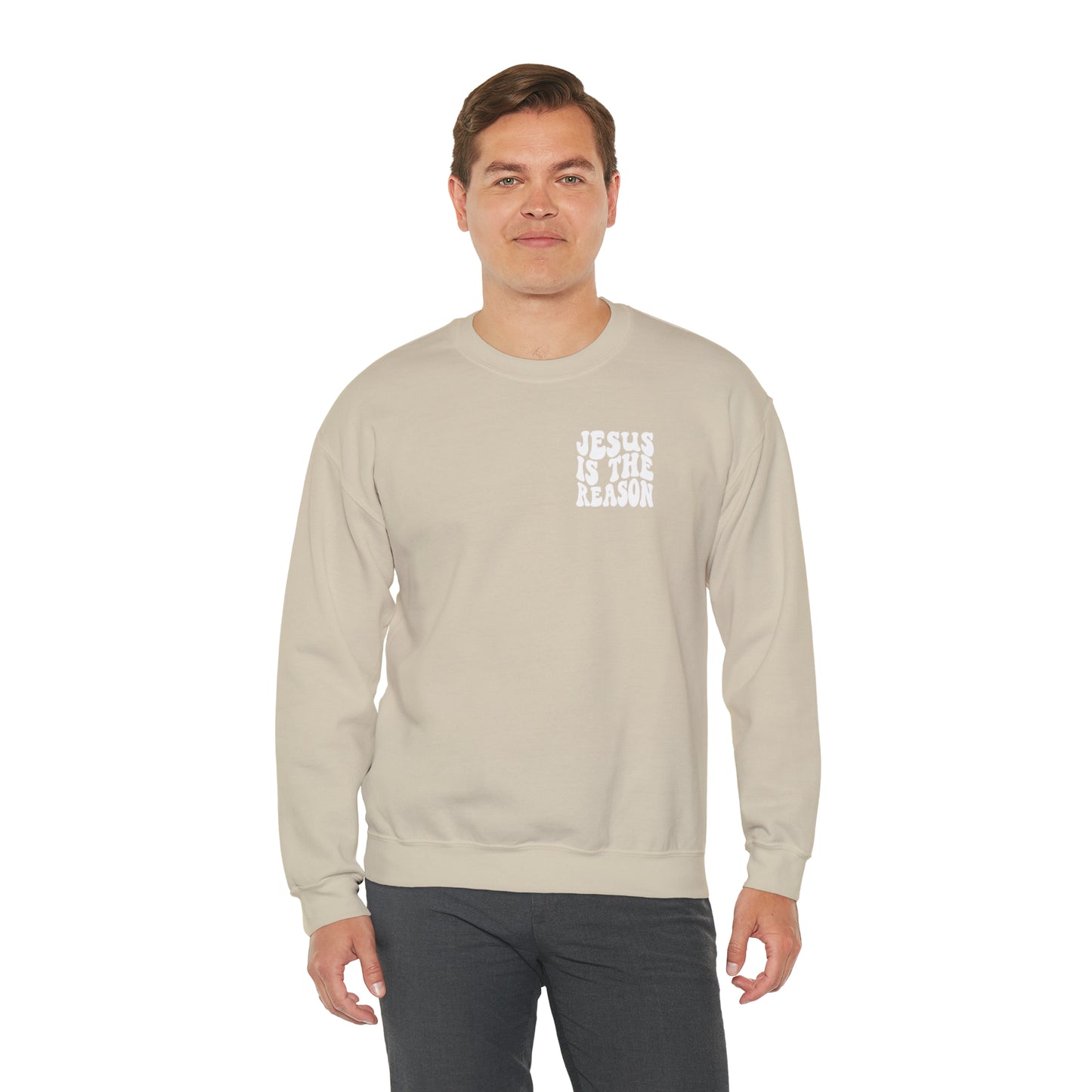Jesus is the Reason Front & Back Design White Logo Unisex Heavy Blend™ Crewneck Sweatshirt