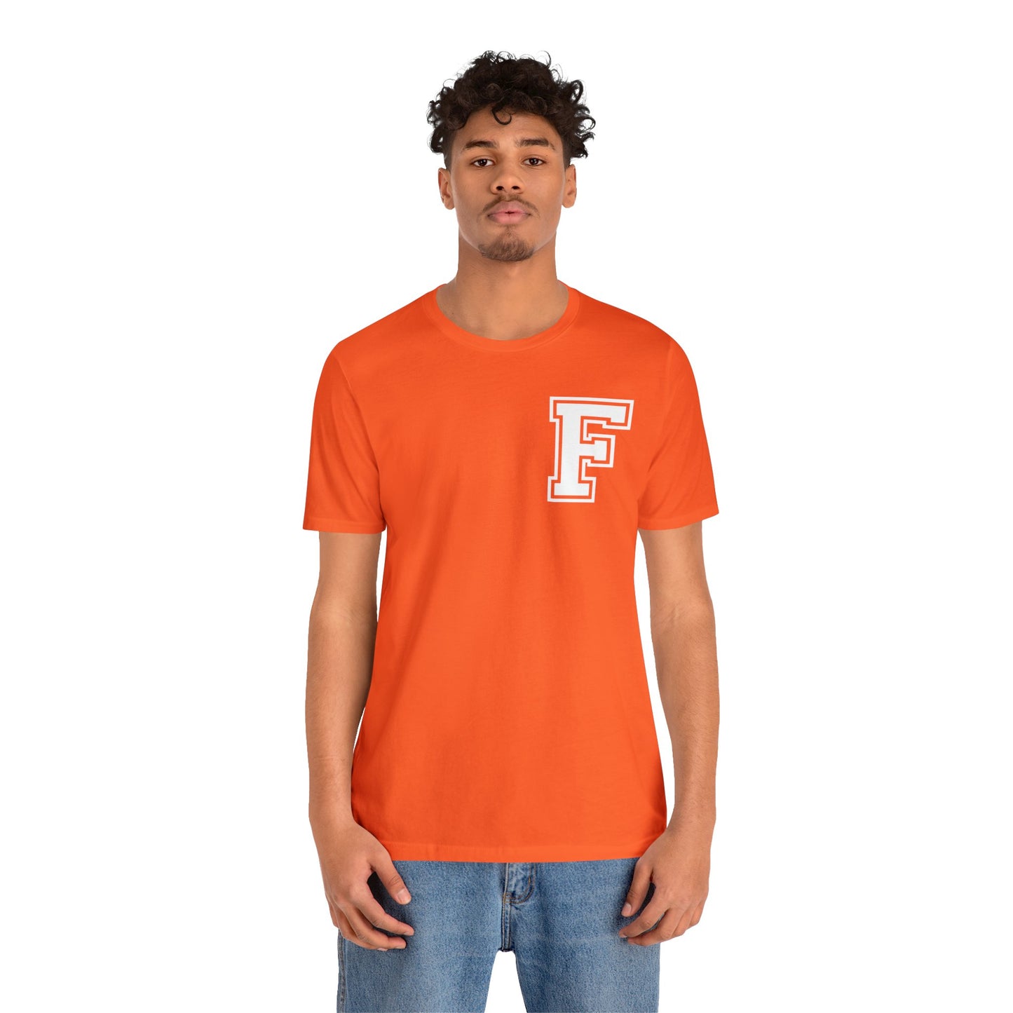Front and Back Design - Varsity F Vertical Freeburg Midgets Logo Bella Jersey Short Sleeve Tee (Unisex)