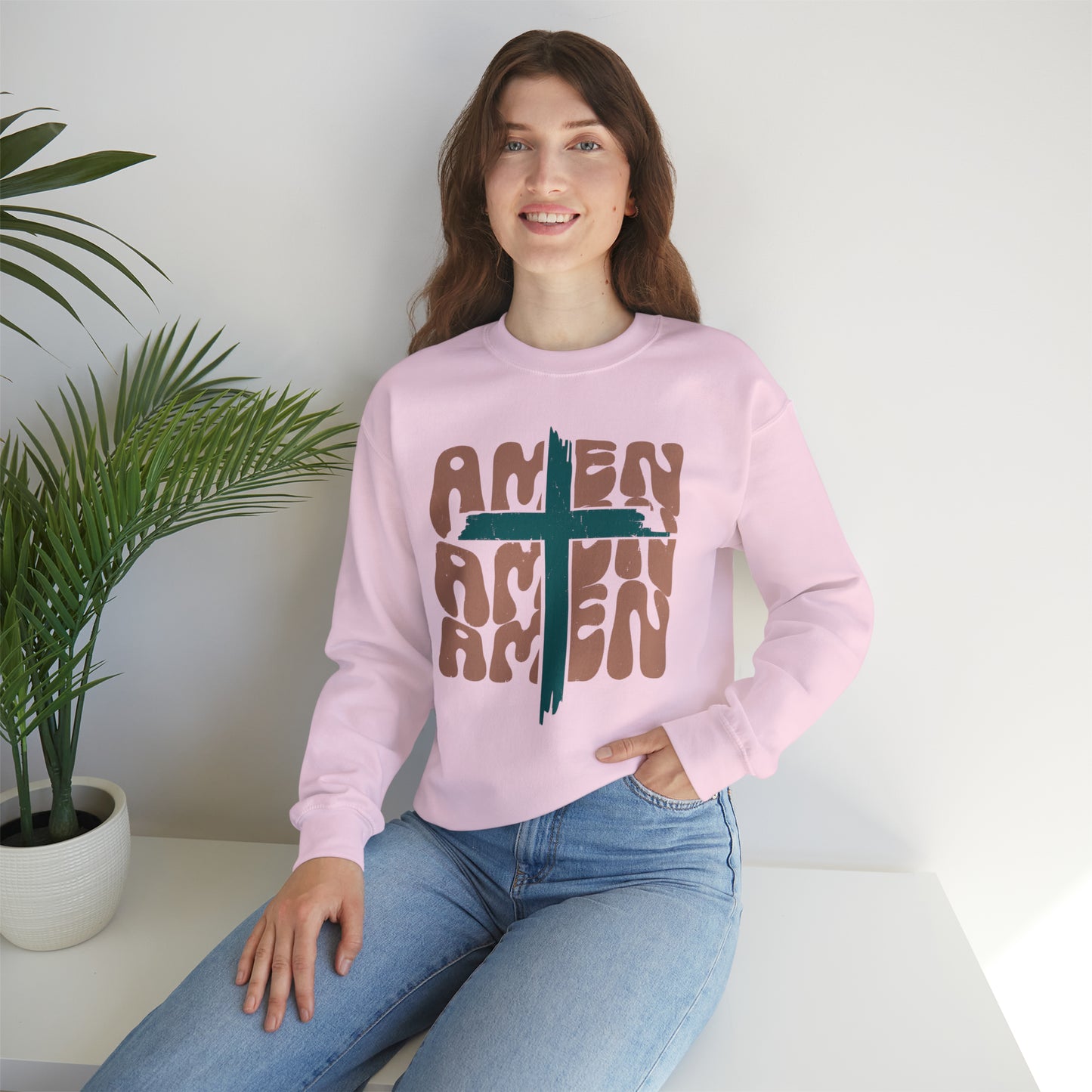 Vintage Amen Amen Amen with Cross Design Boho Color Print Heavy Blend™ Crewneck Sweatshirt