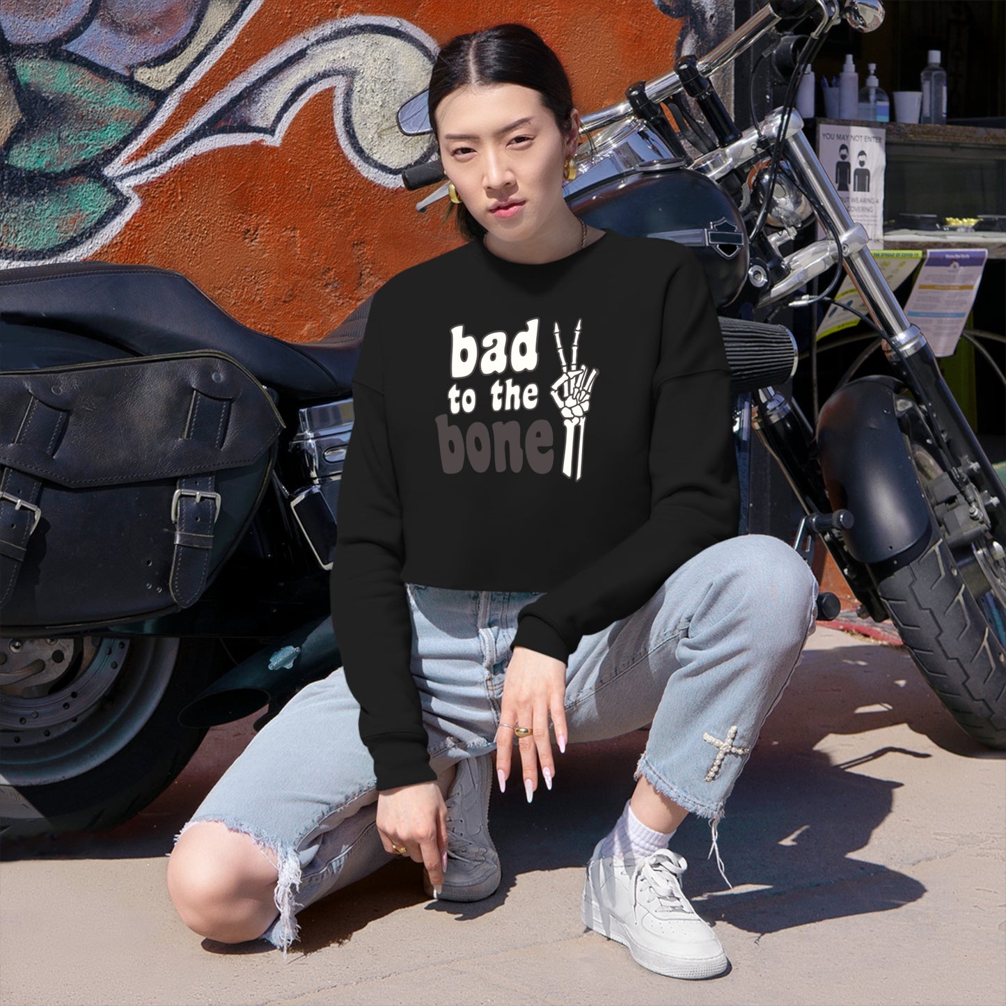 Bad to the Bone Halloween/ Fall Cropped Sweatshirt - Black