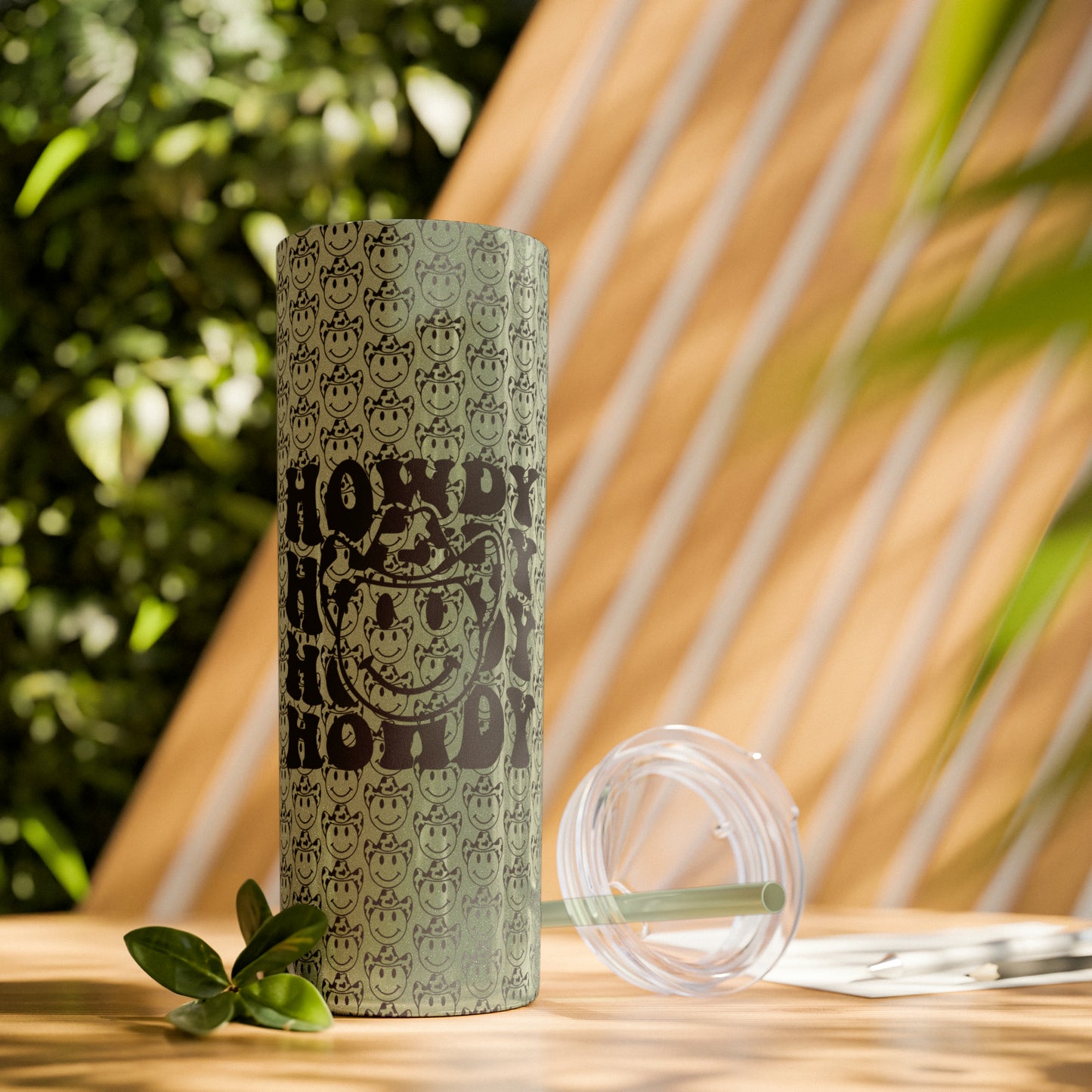 Howdy Howdy Howdy Smiley Face with Cowboy Hat Skinny Tumbler with Straw, 20oz