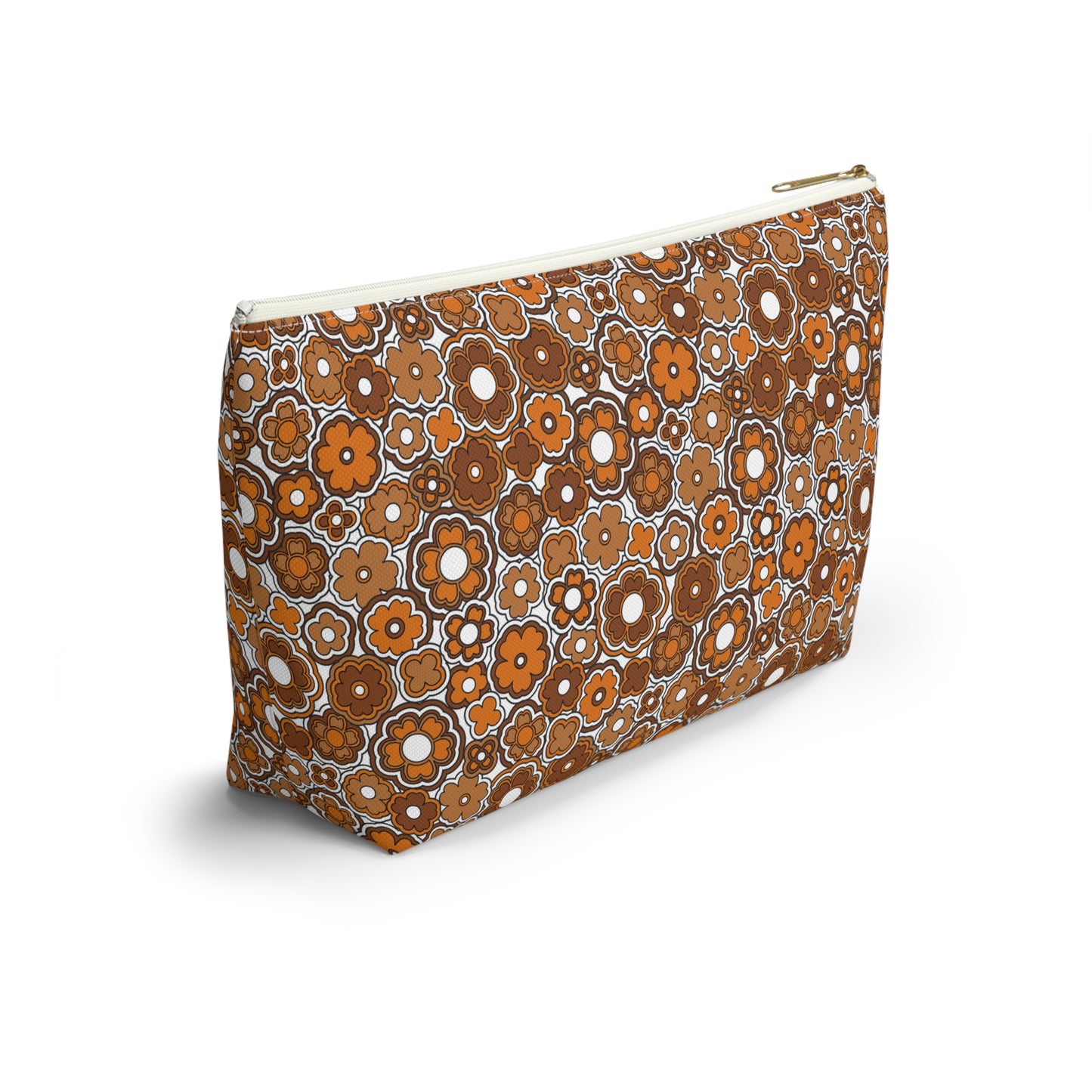 Flower Power Retro Brown Floral Print Design  Accessory Pouch w T-bottom