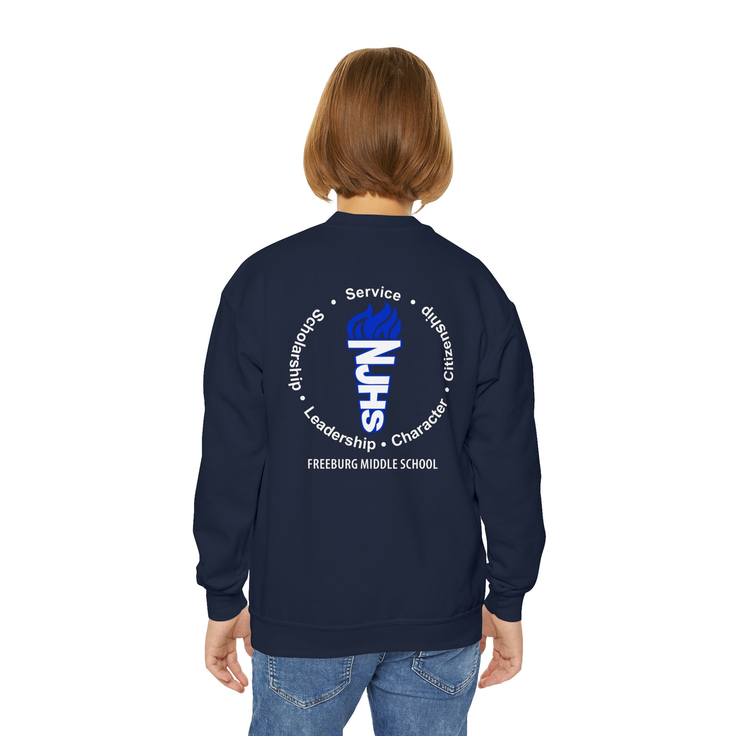 YOUTH - Front and Back Design - National Junior Honor Society Royal Torch (front) and Circular Character Torch (back) Youth Crewneck Sweatshirt
