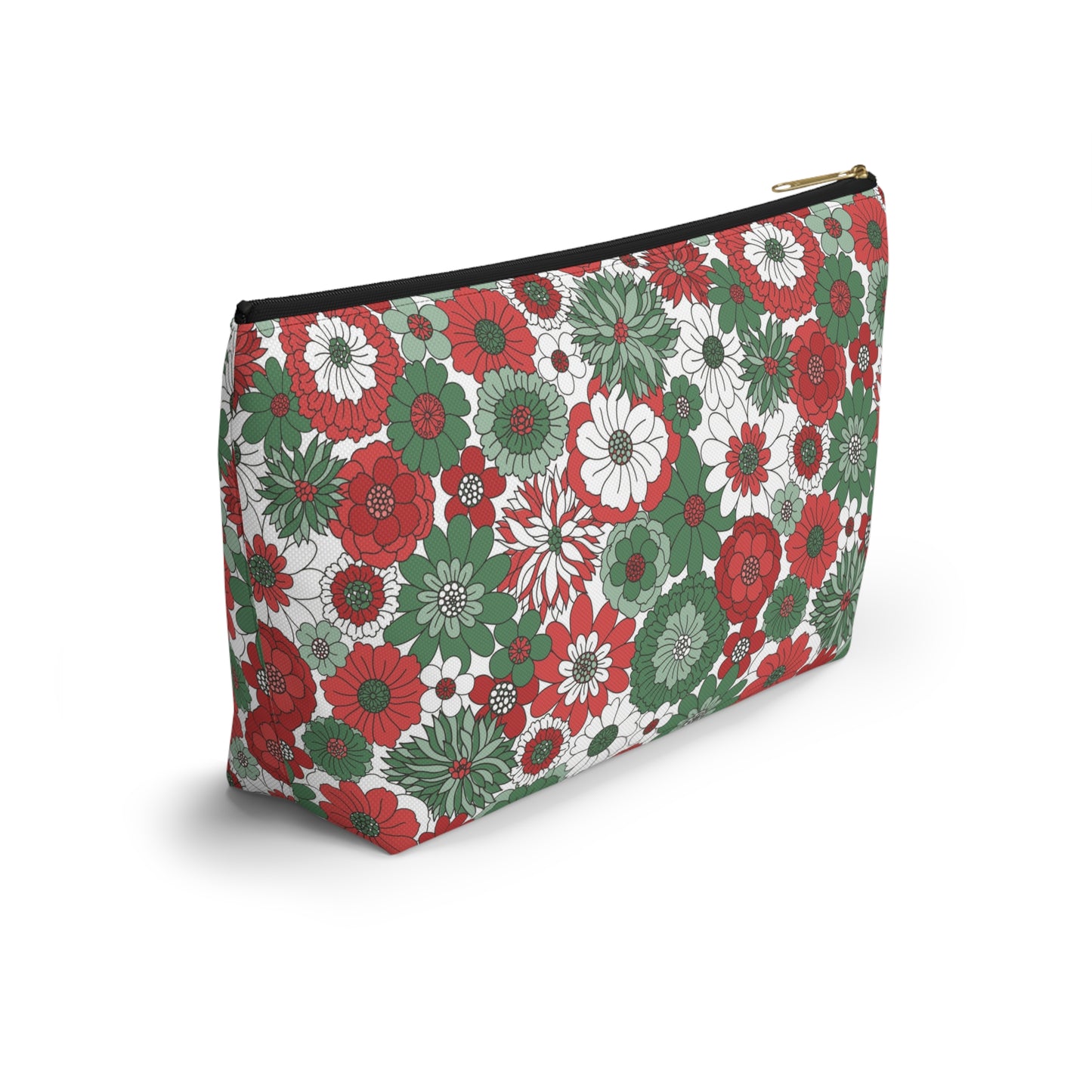 Retro Floral Christmas Red and Green Print Design Accessory Pouch w T-bottom
