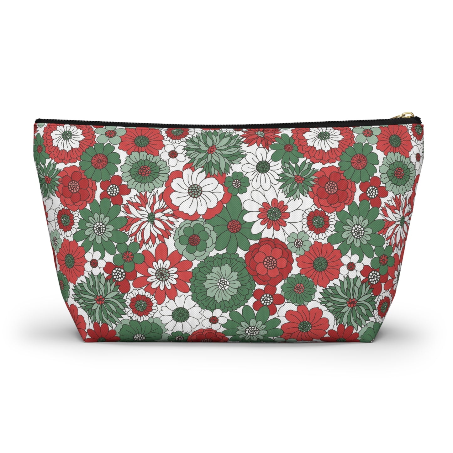Retro Floral Christmas Red and Green Print Design Accessory Pouch w T-bottom