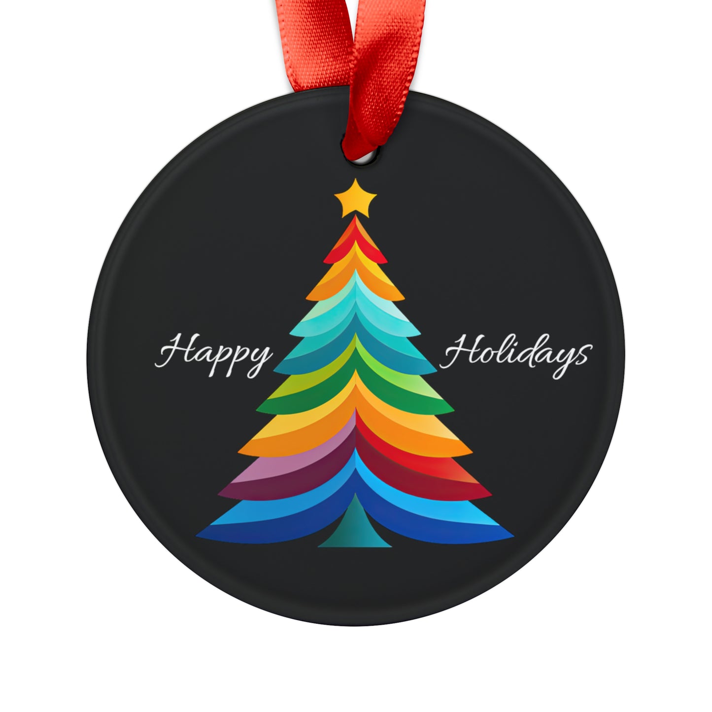 Happy Holidays Layered Rainbow Christmas Tree Acrylic Ornament with Ribbon