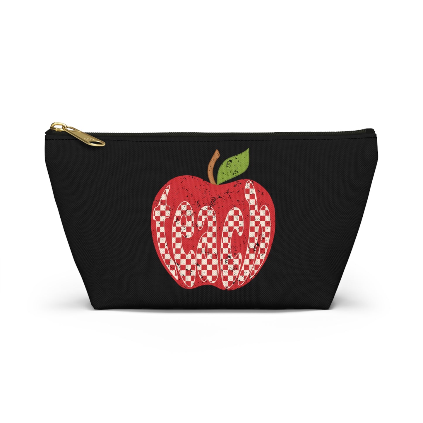 Distressed Teacher Checkered Apple Print Design Accessory Pouch w T-bottom - Black