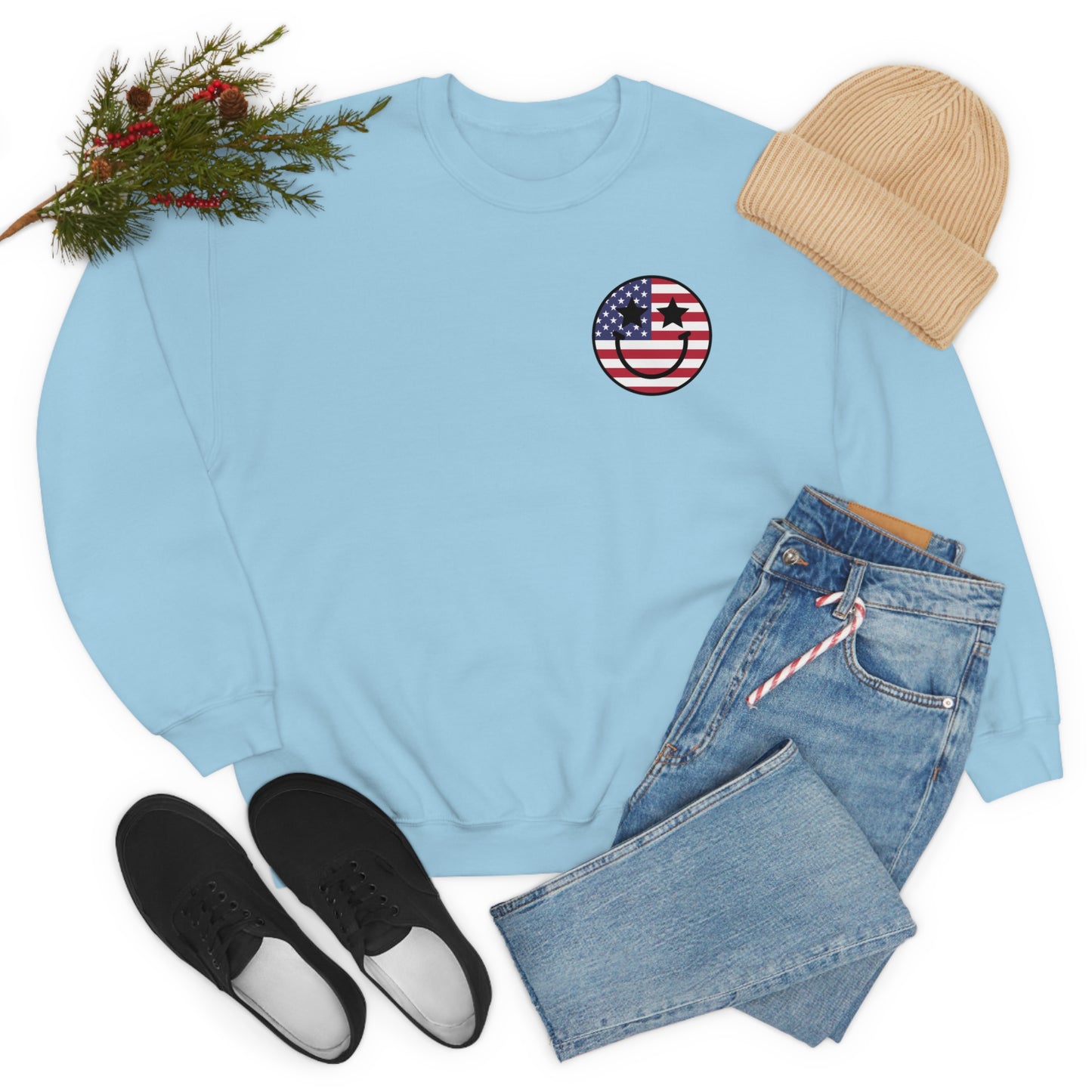 "Land of the Free Because of the Brave with Smiley Face Front" (Front & Back Design) - Unisex Heavy Blend™ Crewneck Sweatshirt
