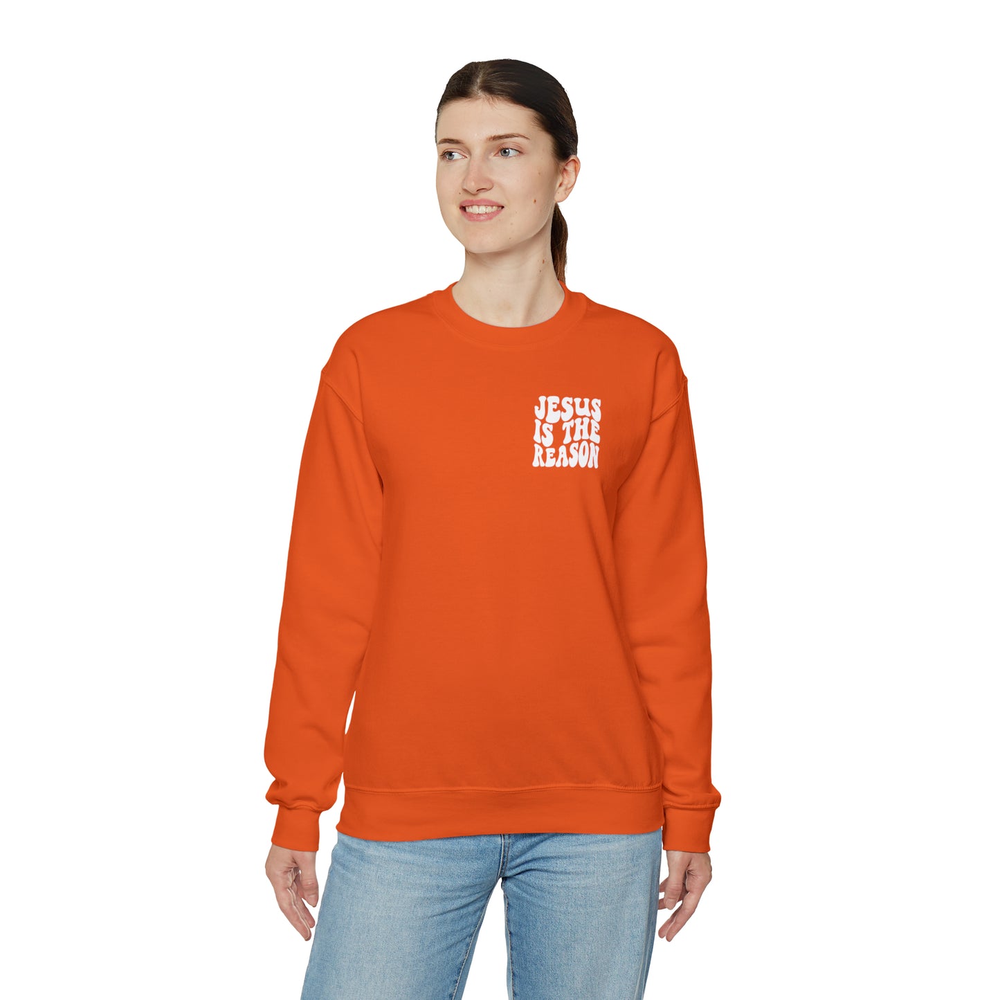 Jesus is the Reason Front & Back Design White Logo Unisex Heavy Blend™ Crewneck Sweatshirt