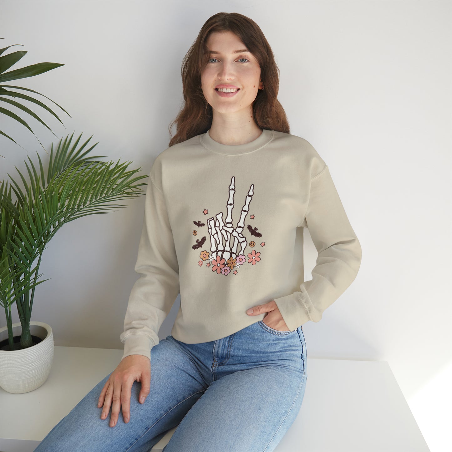 Boho Skeleton Floral Piece Sign Hand Fall Halloween Retro Warm Colored Unisex Heavy Blend™ Crewneck Sweatshirt