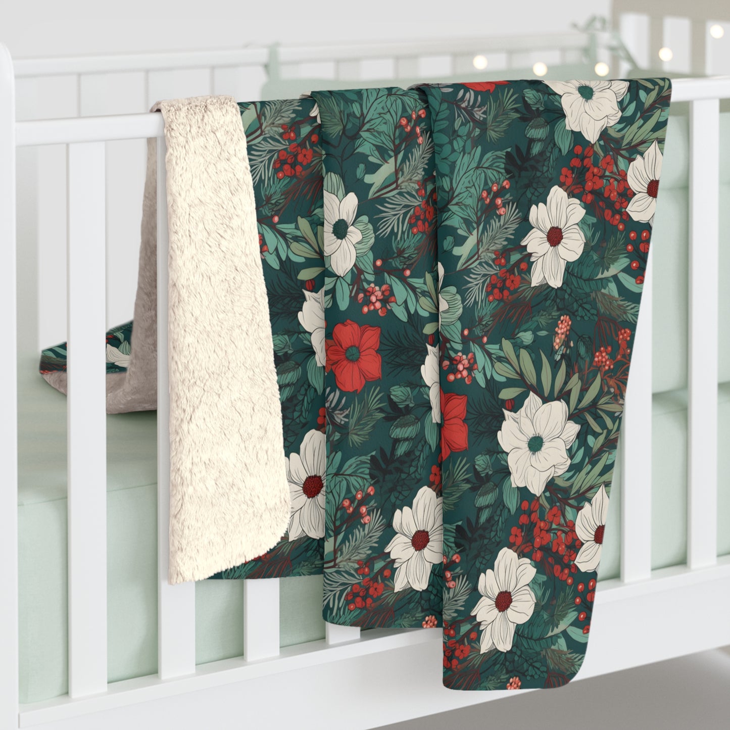 White and Red Floral Christmas Botanical Sherpa Fleece Blanket