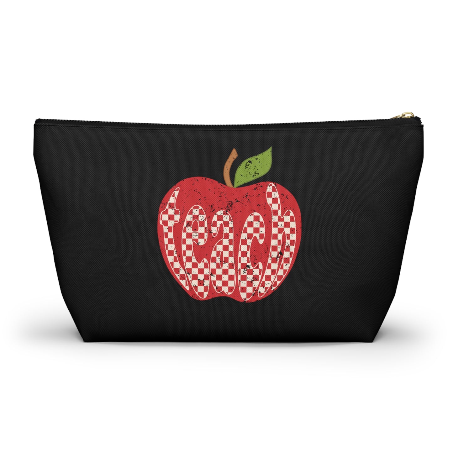 Distressed Teacher Checkered Apple Print Design Accessory Pouch w T-bottom - Black