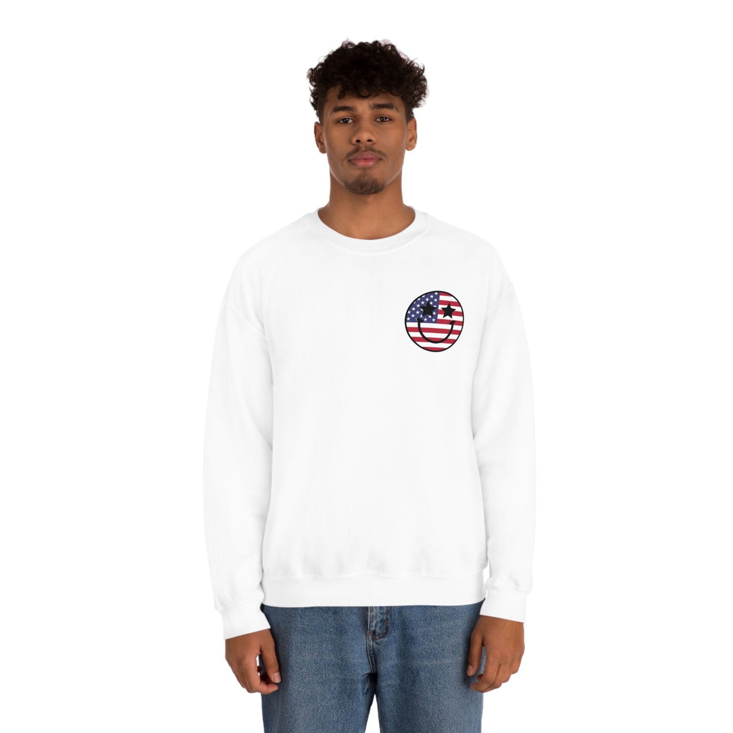 "Land of the Free Because of the Brave with Smiley Face Front" (Front & Back Design) - Unisex Heavy Blend™ Crewneck Sweatshirt