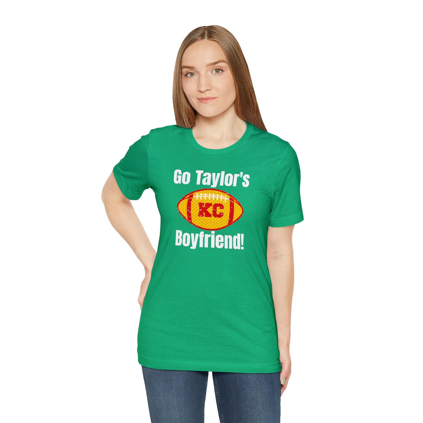 Go Taylor's Boyfriend Swift Kelce Shirt Bella Jersey Short Sleeve Tee (Unisex) - Front and Back Design