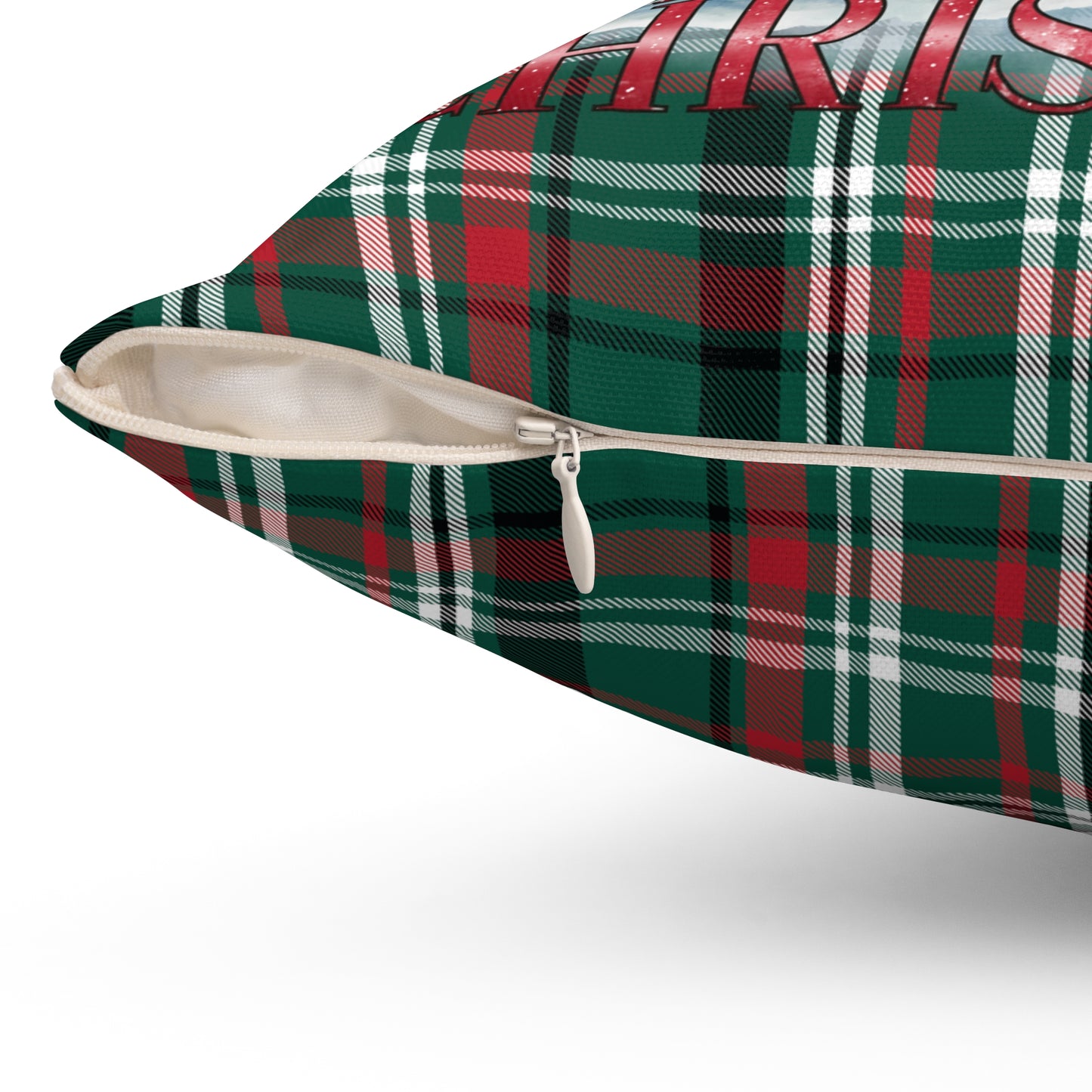 Merry Christmas Santa Sleigh and Reindeer Plaid/ Holiday Polyester Square Pillow