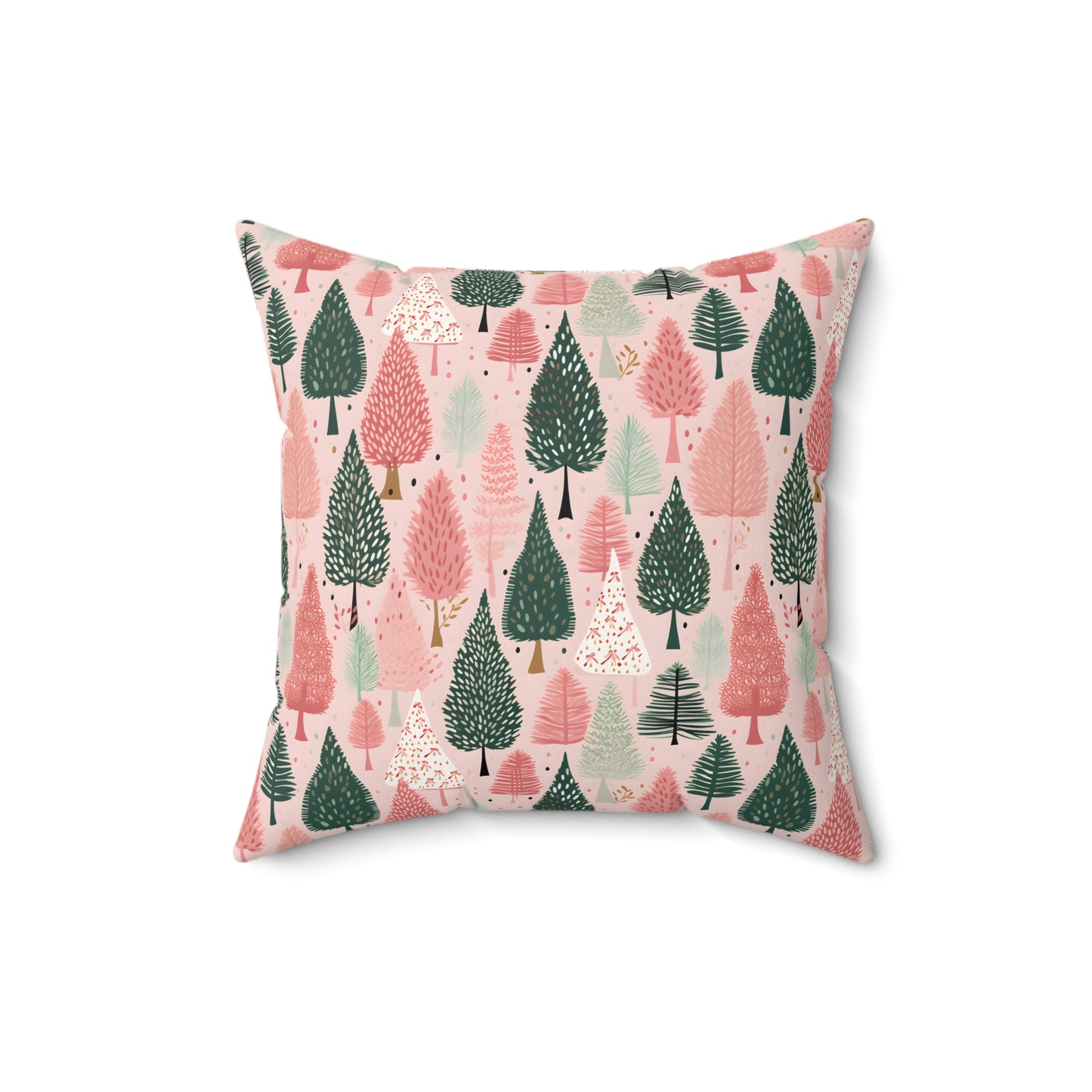 Boho Pink and Green Christmas Tree Print/ Holiday Polyester Square Pillow