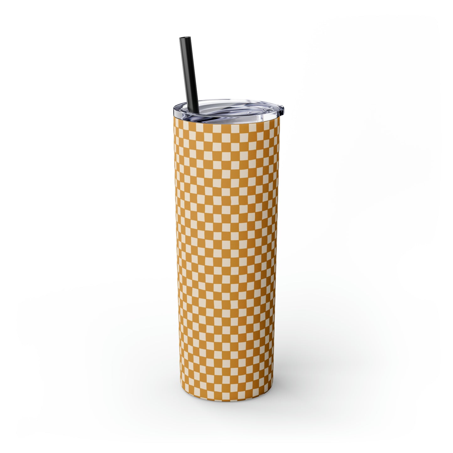 Boho Golden Checkerboard Print Skinny Tumbler with Straw, 20oz