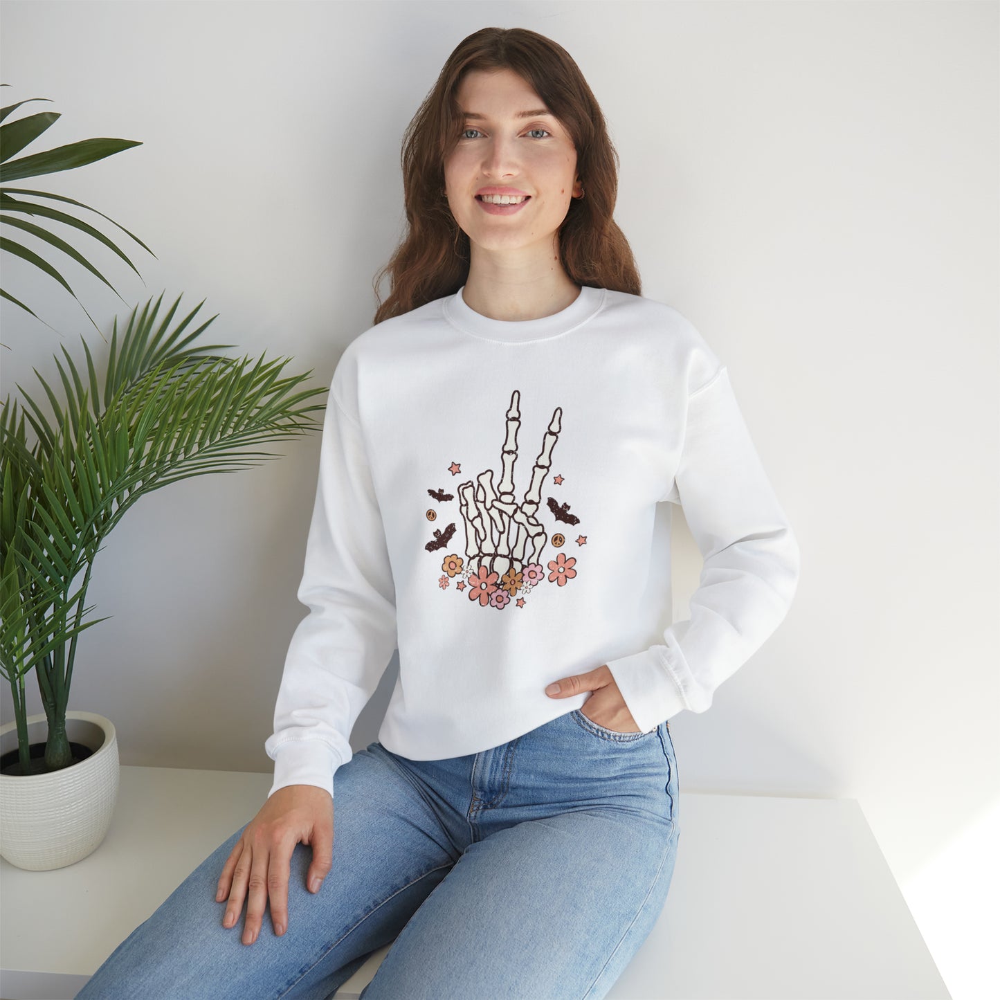 Boho Skeleton Floral Piece Sign Hand Fall Halloween Retro Warm Colored Unisex Heavy Blend™ Crewneck Sweatshirt
