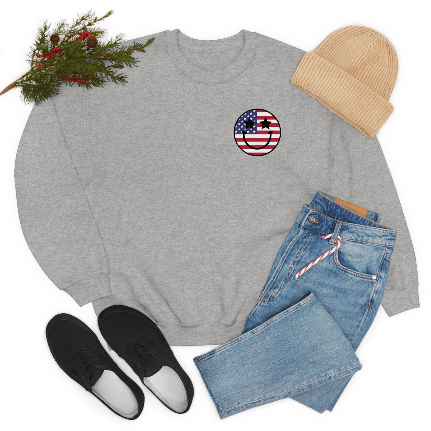 "Land of the Free Because of the Brave with Smiley Face Front" (Front & Back Design) - Unisex Heavy Blend™ Crewneck Sweatshirt