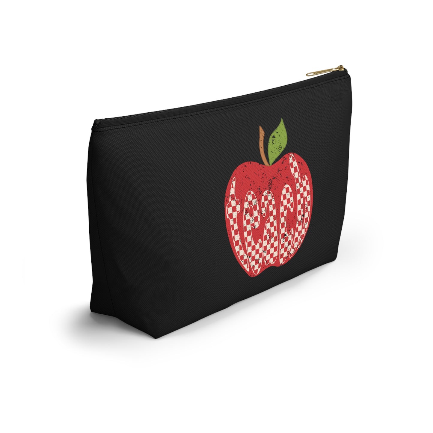 Distressed Teacher Checkered Apple Print Design Accessory Pouch w T-bottom - Black