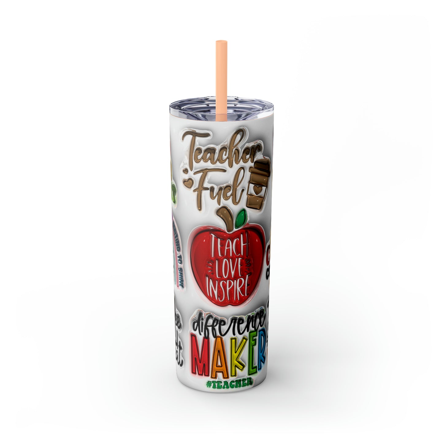 A+ Teacher Quotes Collage Skinny Tumbler with Straw, 20oz