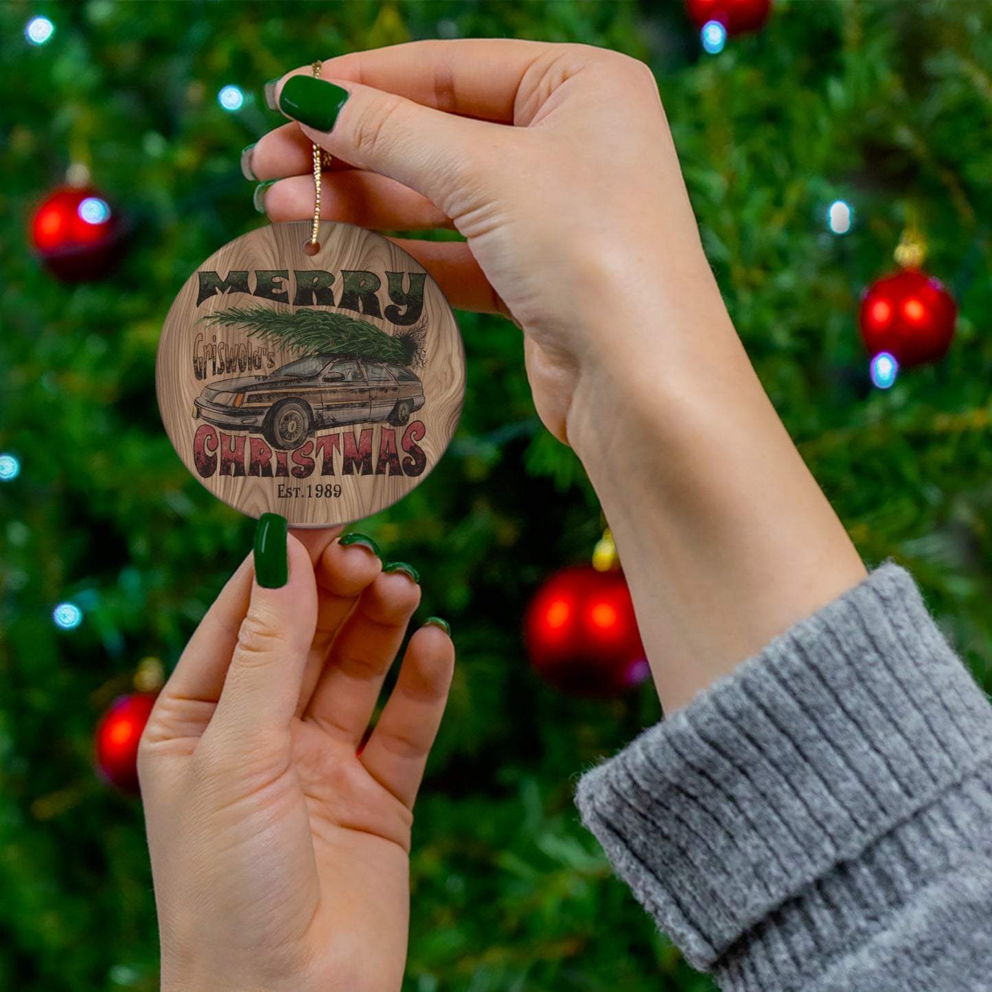 Distressed Merry Griswold's Christmas Tree Station Wagon Holiday Ceramic Ornament