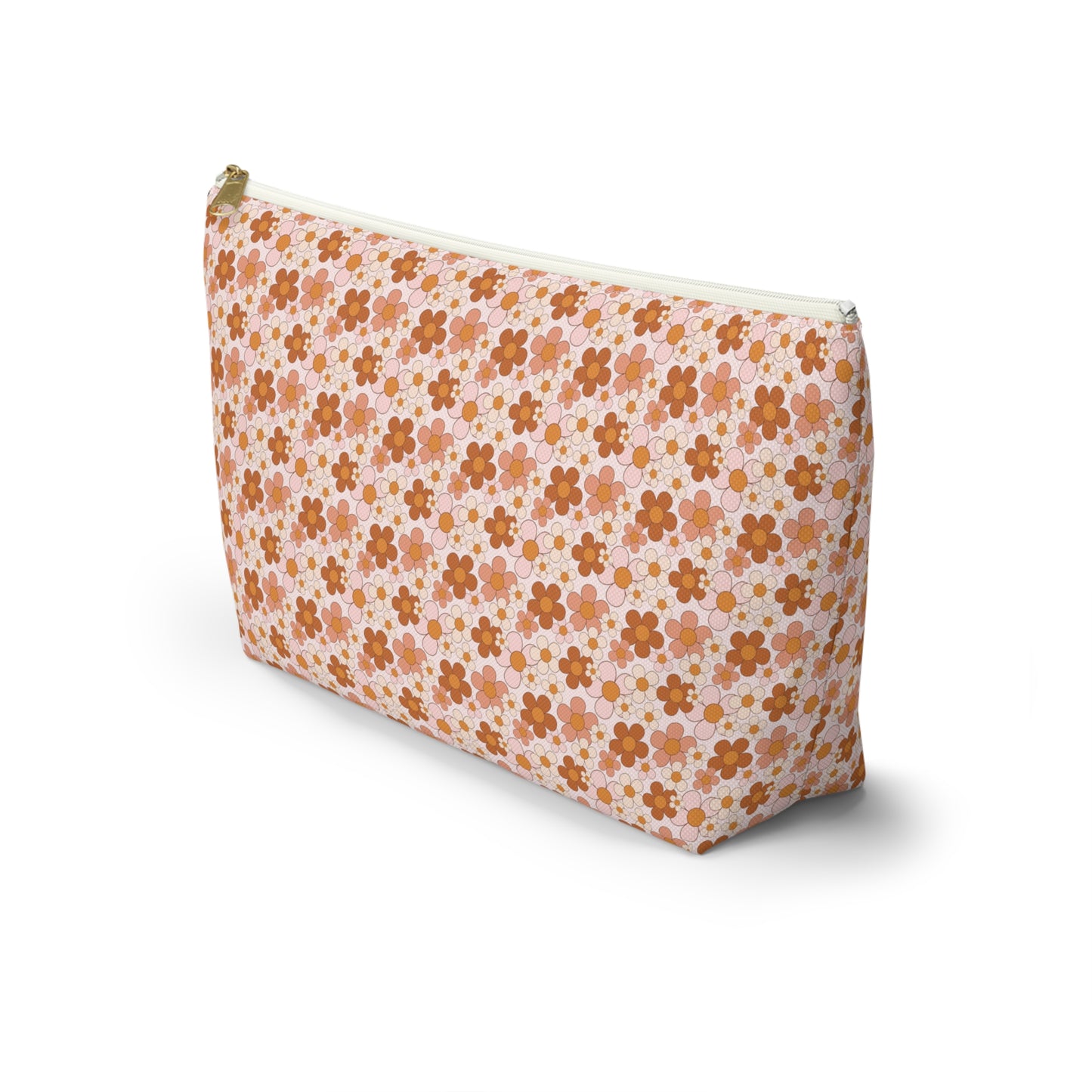 Retro Small Daisy Pink/Rust Floral Print Design Accessory Pouch w T-bottom