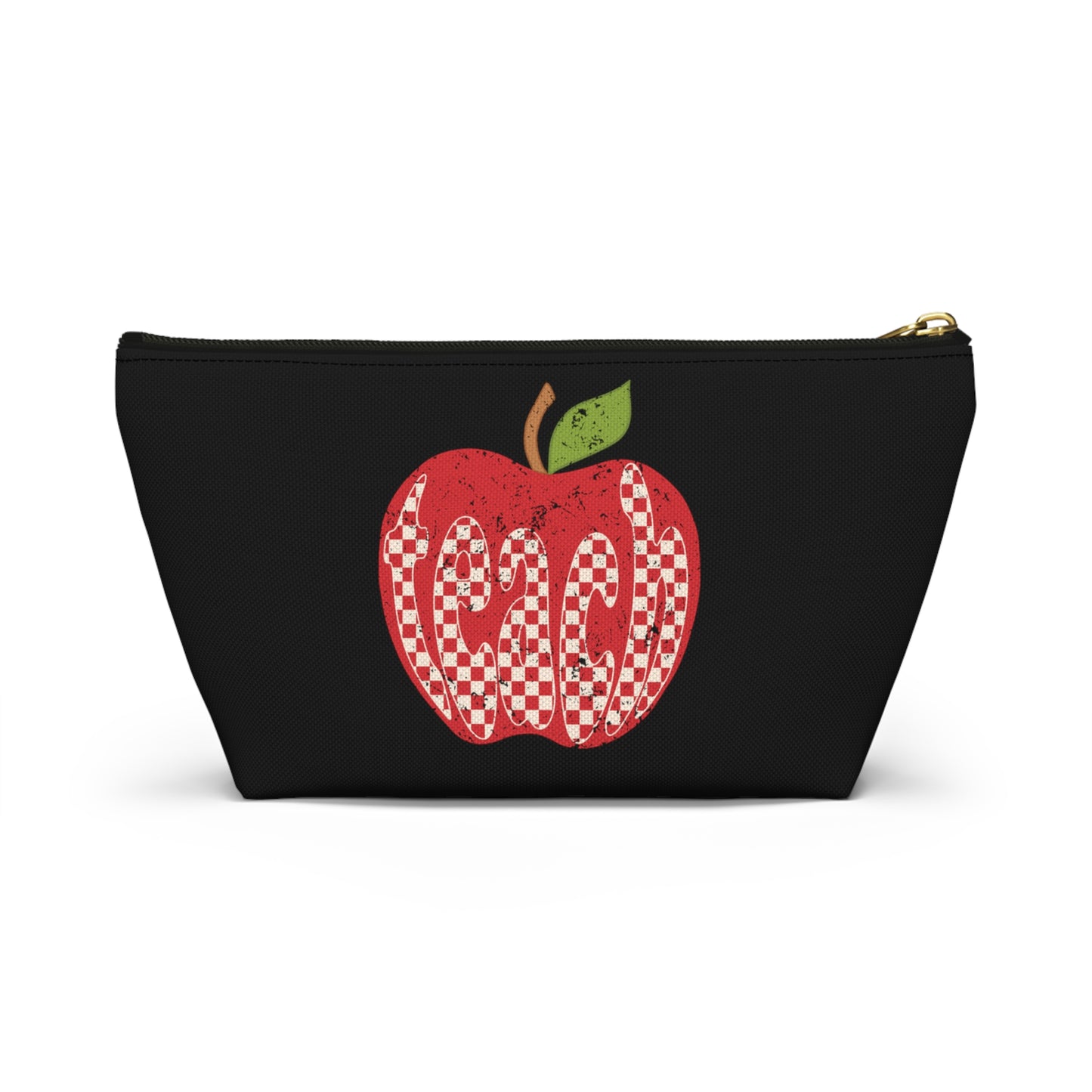 Distressed Teacher Checkered Apple Print Design Accessory Pouch w T-bottom - Black