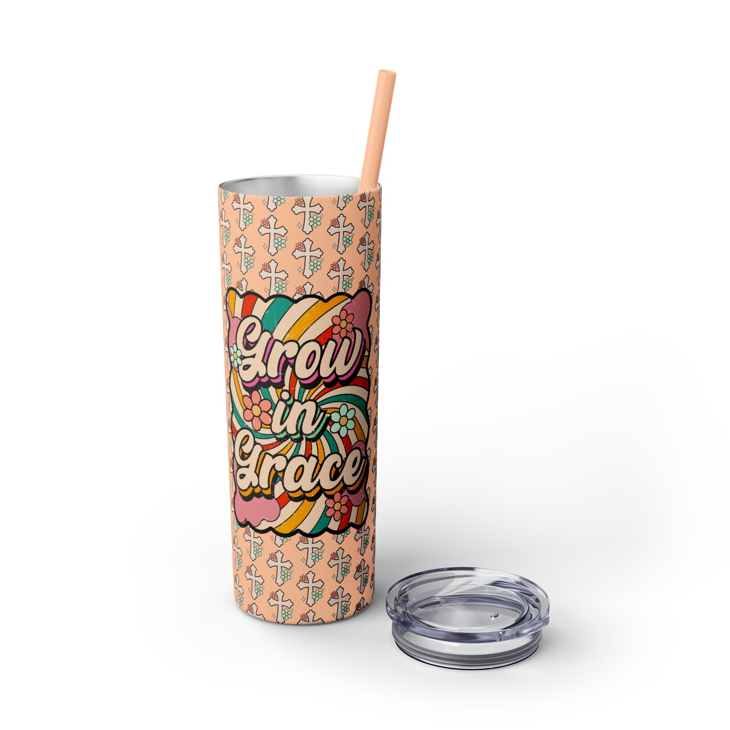 Grow in Grace with Daisy Crosses Christian Skinny Tumbler with Straw, 20oz