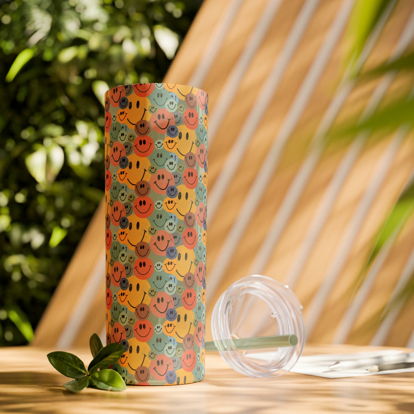 Old School Smiley Face Stickers Patterned Skinny Tumbler with Straw, 20oz