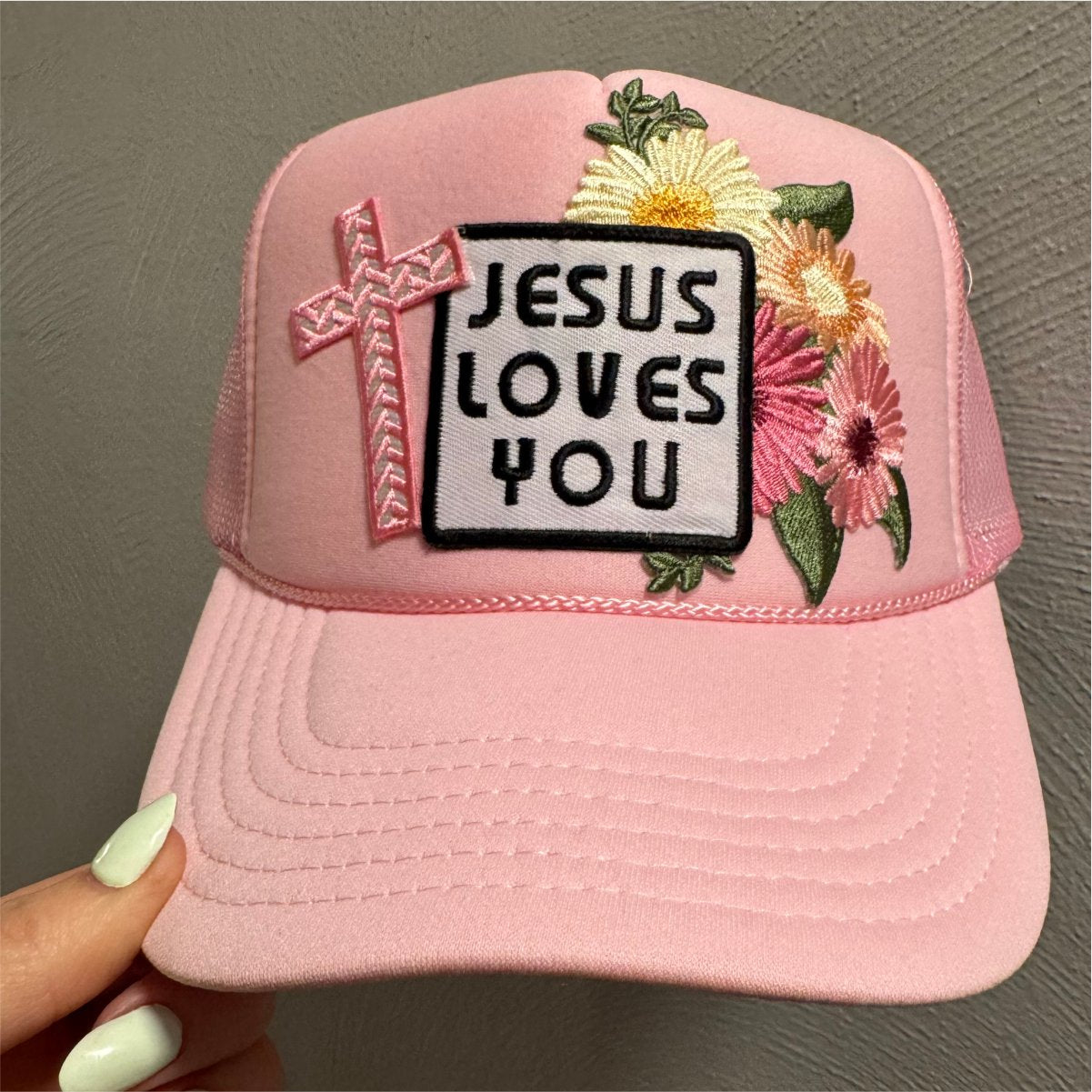 Jesus Loves You Pink Collage Trucker Hat