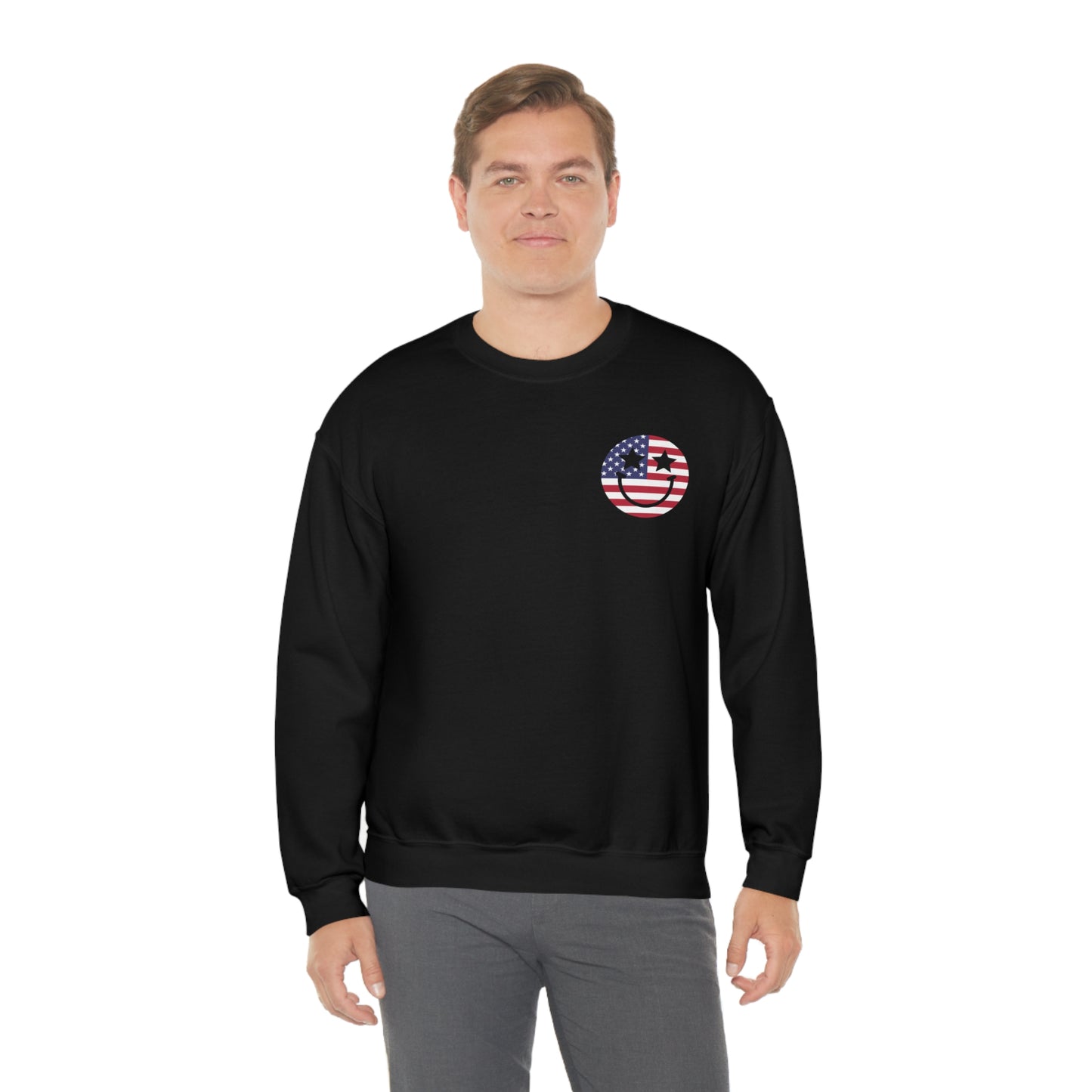 "Land of the Free Because of the Brave with Smiley Face Front" (Front & Back Design) - Unisex Heavy Blend™ Crewneck Sweatshirt