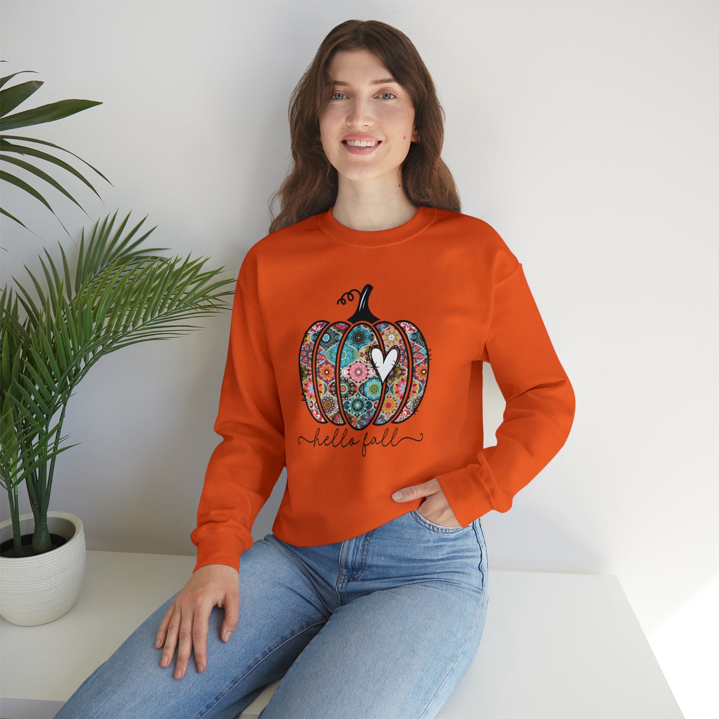 Hello Fall Print Pumpkin Fall Halloween Retro Warm Colored Unisex Heavy Blend™ Crewneck Sweatshirt