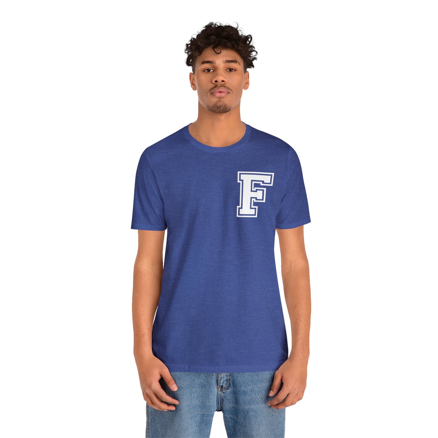 Front and Back Design - Varsity F Vertical Freeburg Midgets Logo Bella Jersey Short Sleeve Tee (Unisex)