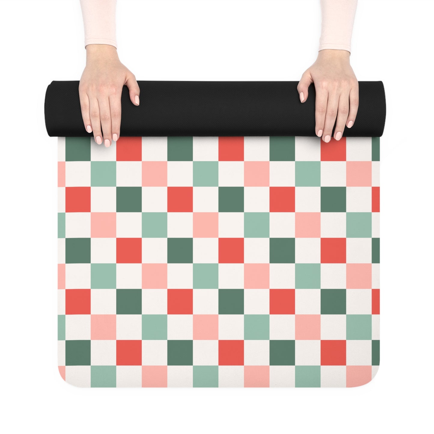 Christmas Checkerboard Green Red Sage and Pink Pattern Rubber Yoga Mat