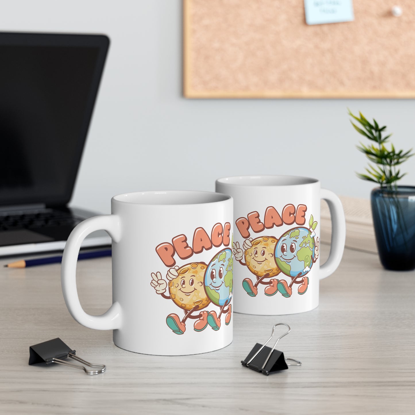 Earth and Moon Characters Spreading World Peace Ceramic Mug 11oz