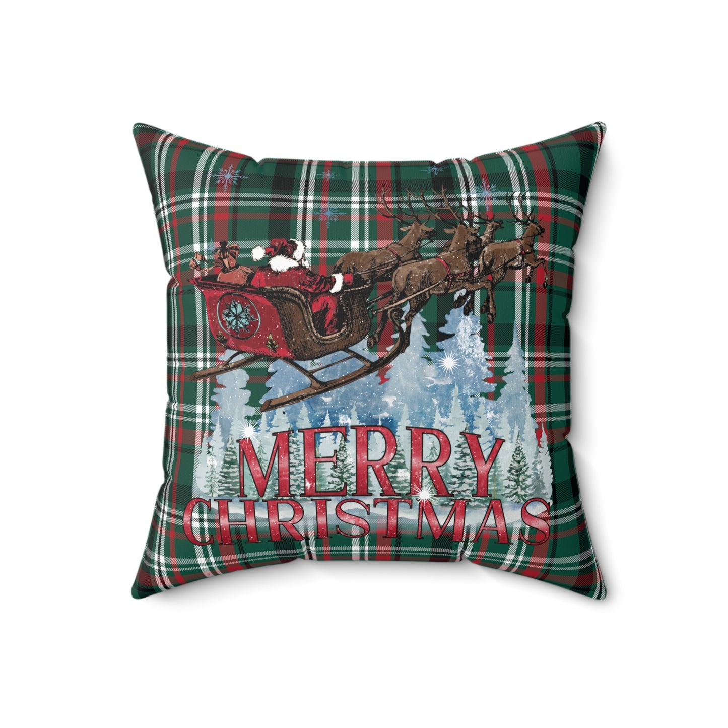 Merry Christmas Santa Sleigh and Reindeer Plaid/ Holiday Polyester Square Pillow