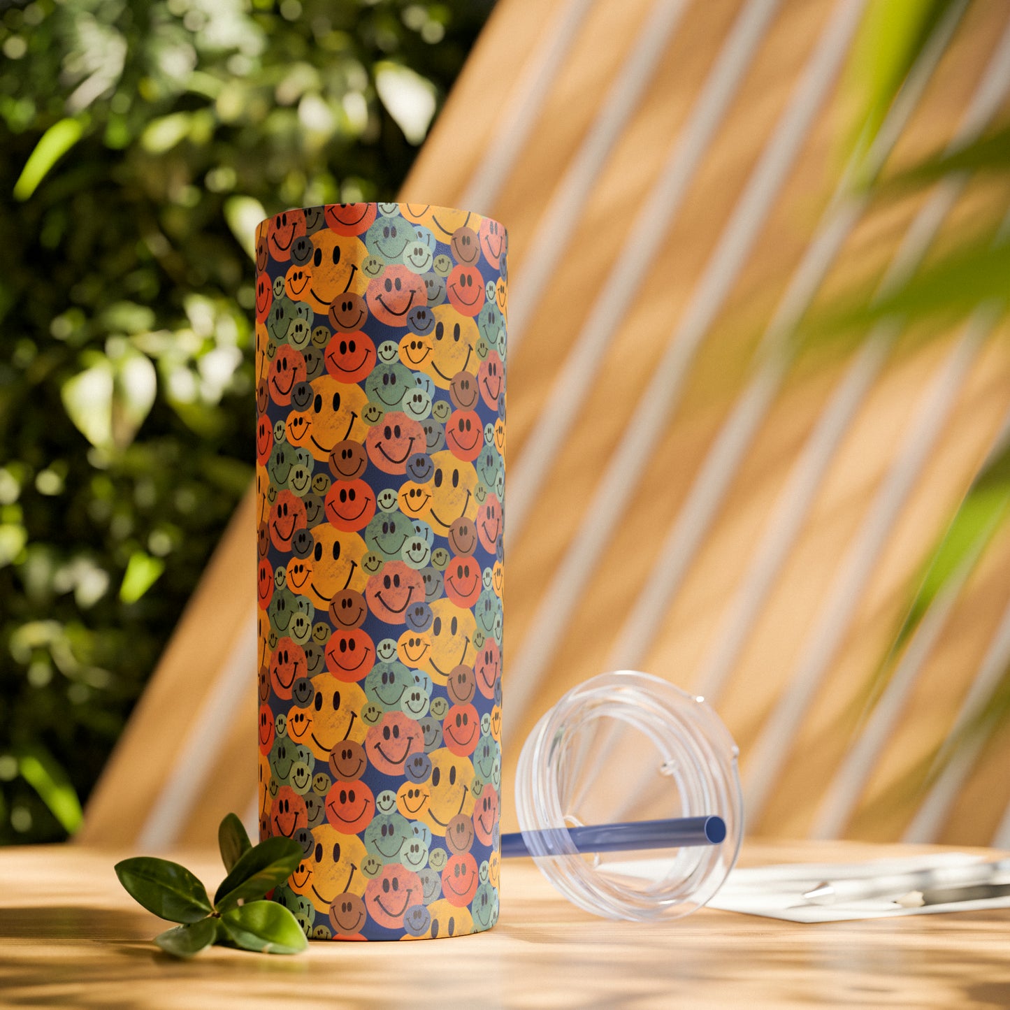 Old School Smiley Face Stickers Patterned Skinny Tumbler with Straw, 20oz