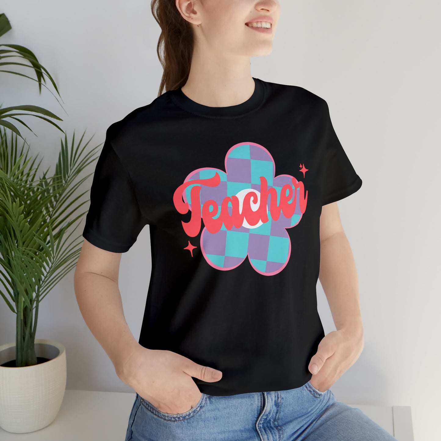 Purple and Blue Plaid Daisey Teacher T-Shirt