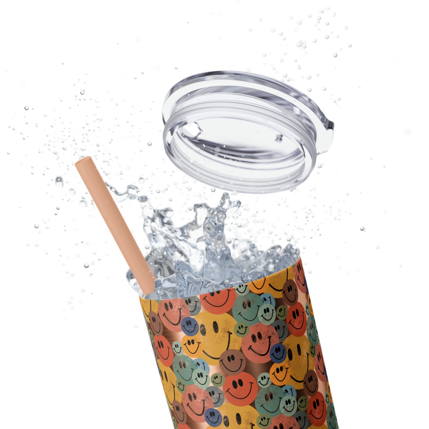 Old School Smiley Face Stickers Patterned Skinny Tumbler with Straw, 20oz