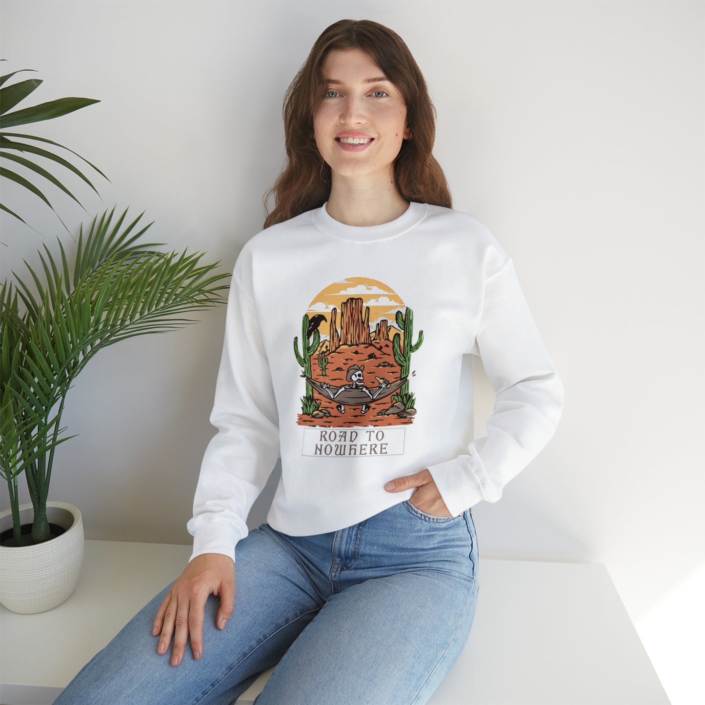Road to Nowhere Skeleton Fall Halloween Retro Warm Colored Unisex Heavy Blend™ Crewneck Sweatshirt