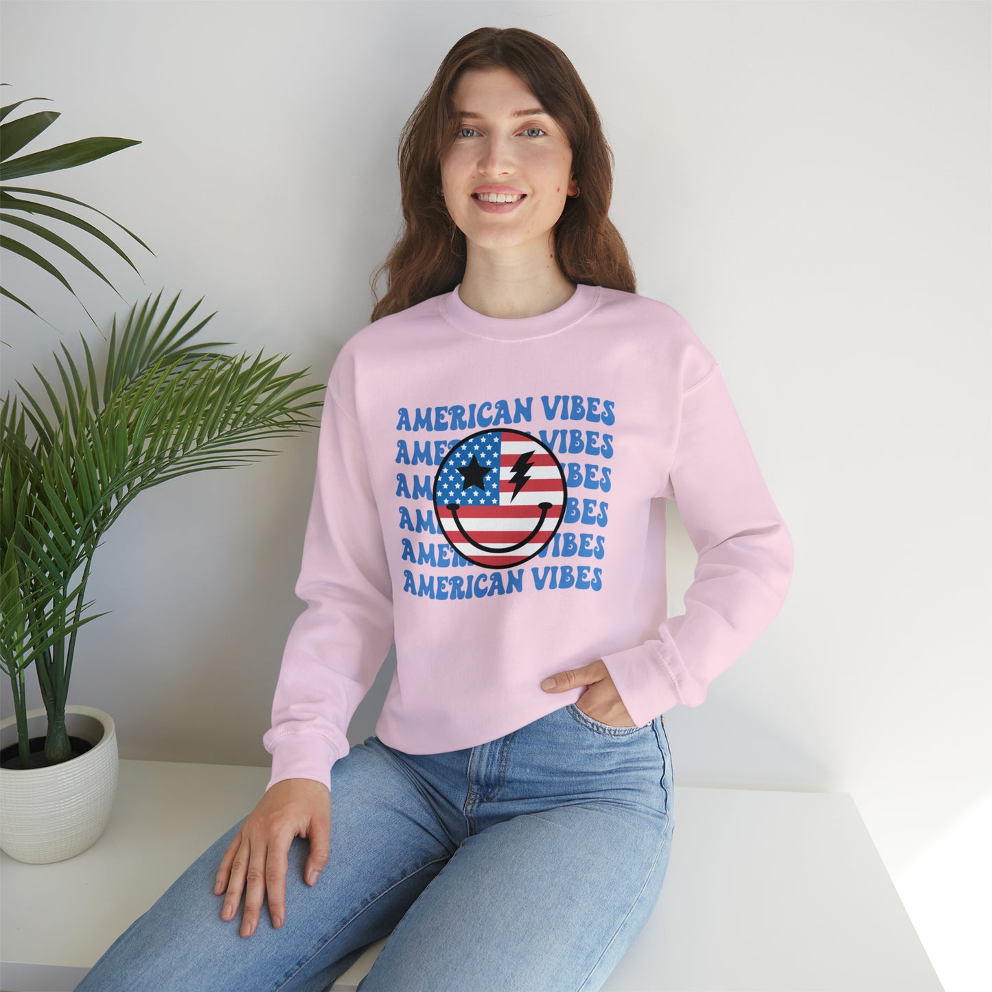 USA American Vibes Flag Smiley Face Heavy Blend™ Crewneck Sweatshirt