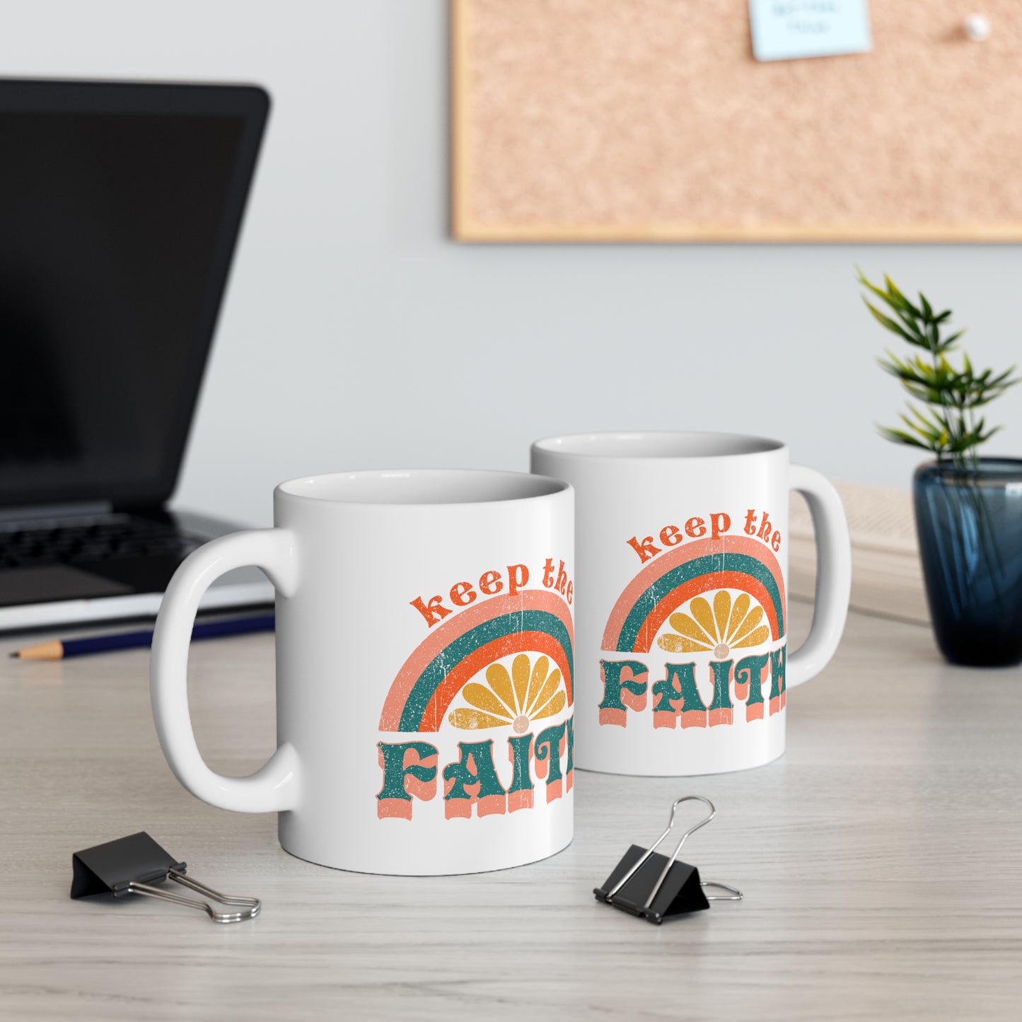 Keep the Faith Boho Retro Rainbow Sun Christian Ceramic Mug 11oz