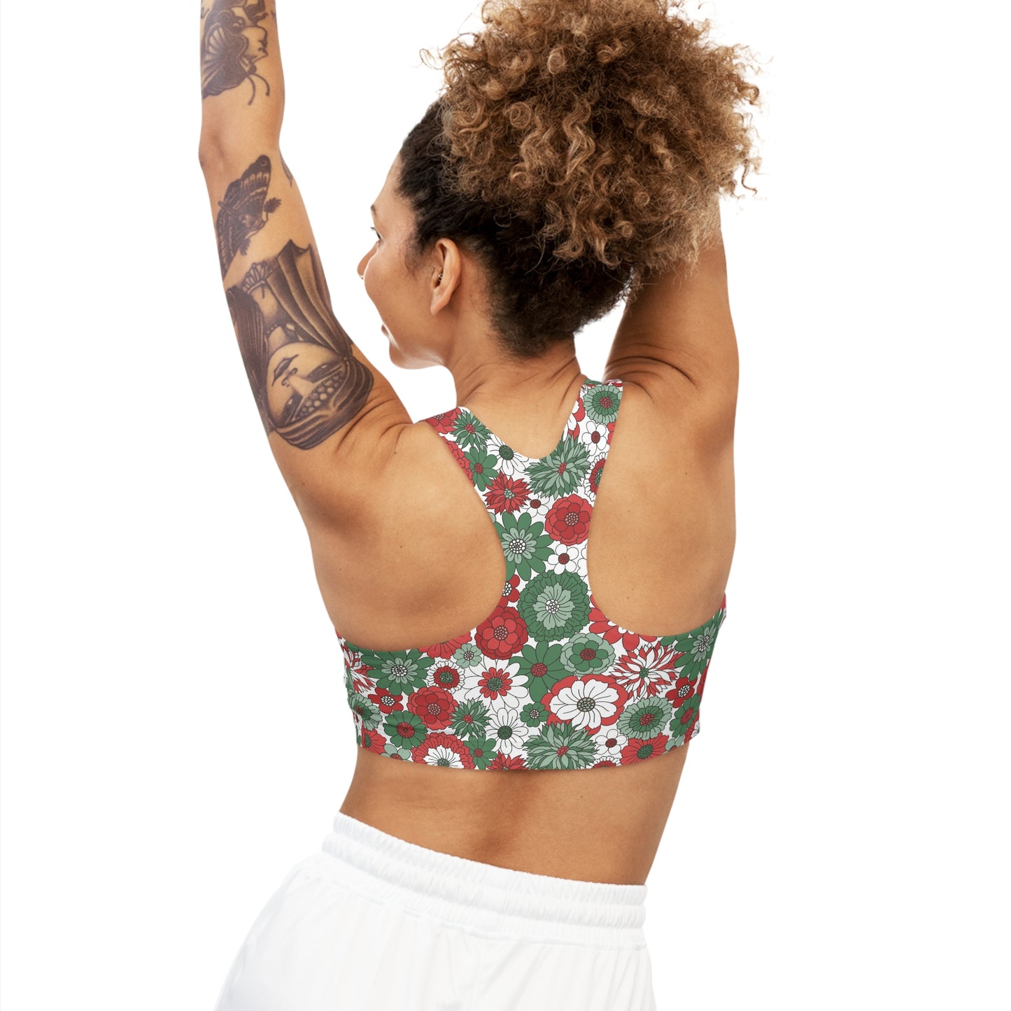 Retro Christmas Green Red White Floral Yoga Seamless Sports Bra - Light Turquoise