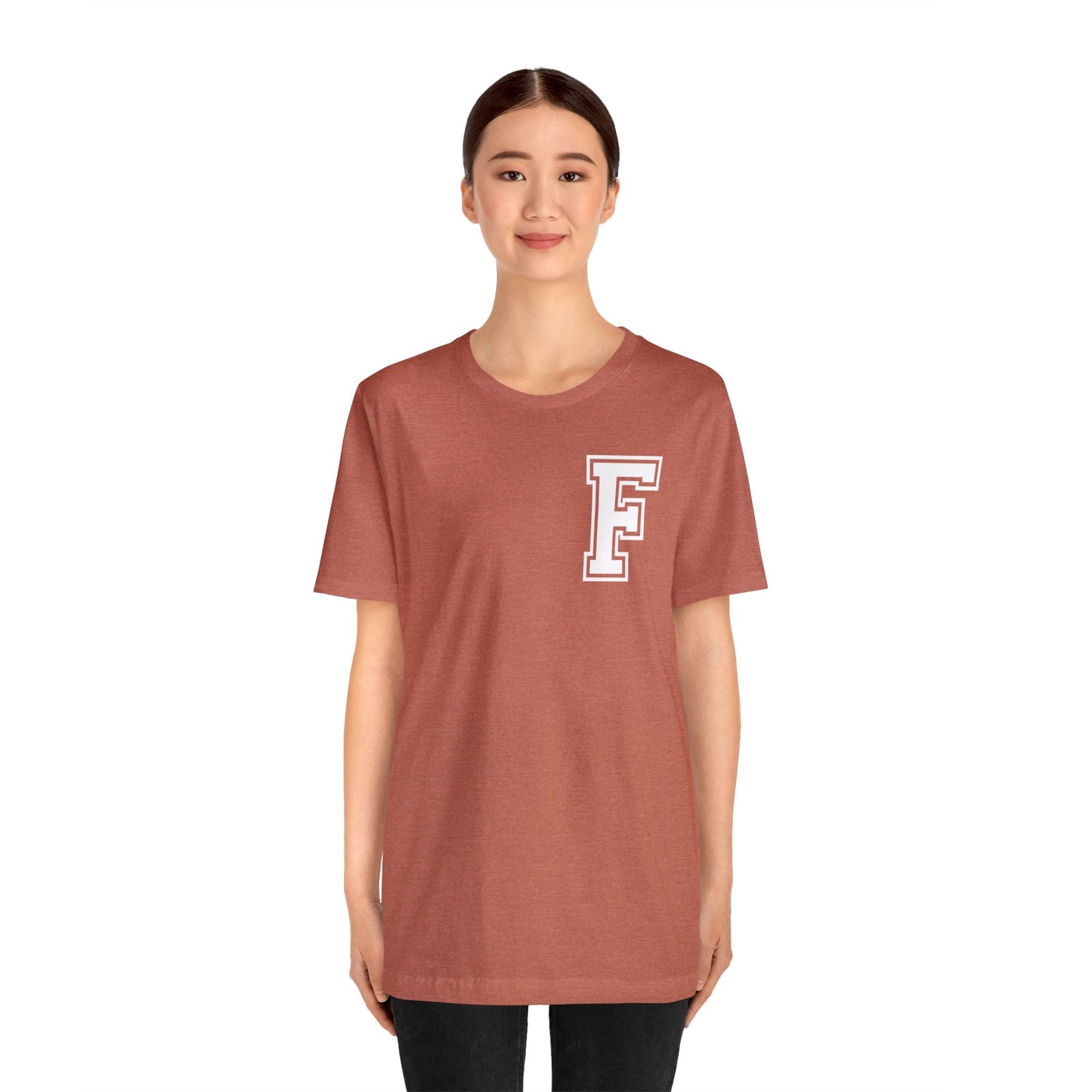 Front and Back Design - Varsity F Vertical Freeburg Midgets Logo Bella Jersey Short Sleeve Tee (Unisex)