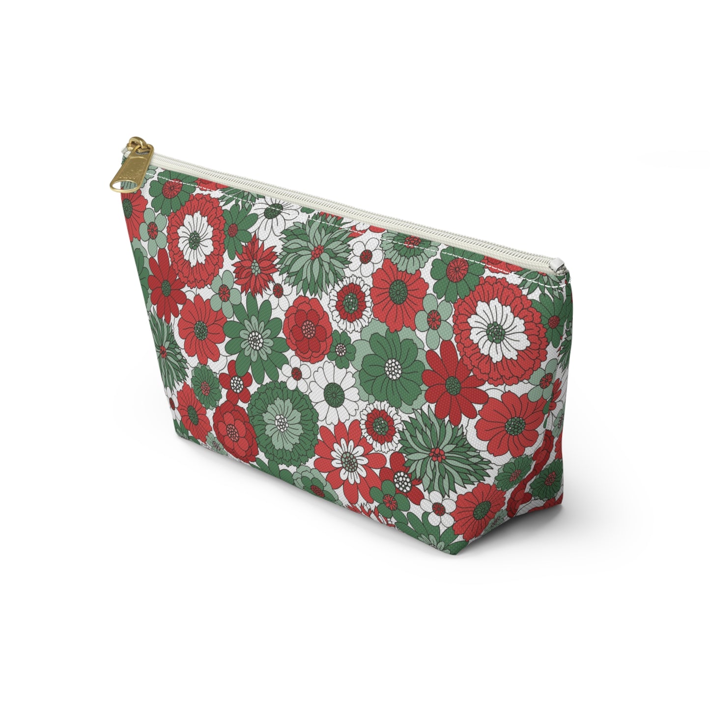 Retro Floral Christmas Red and Green Print Design Accessory Pouch w T-bottom