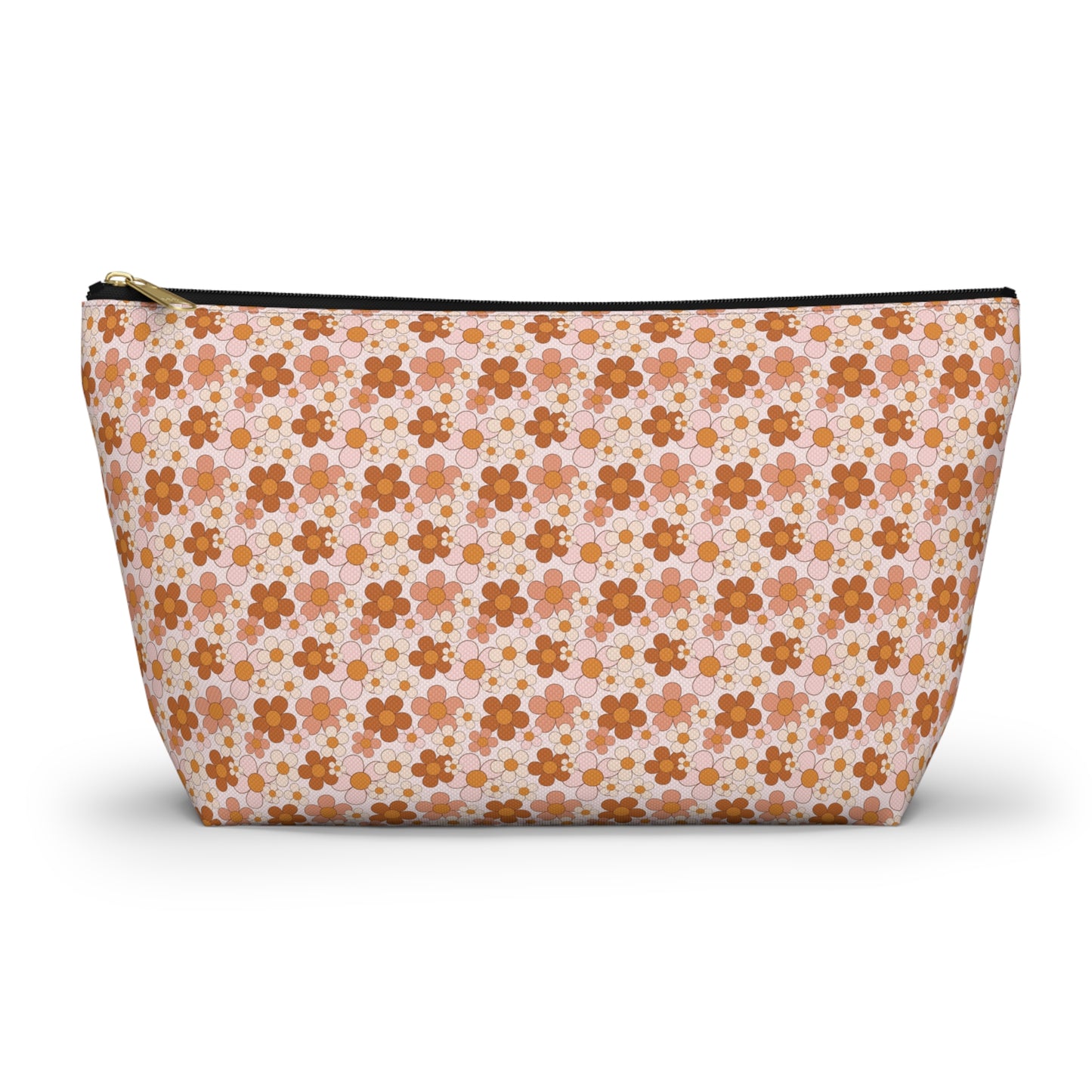 Retro Small Daisy Pink/Rust Floral Print Design Accessory Pouch w T-bottom